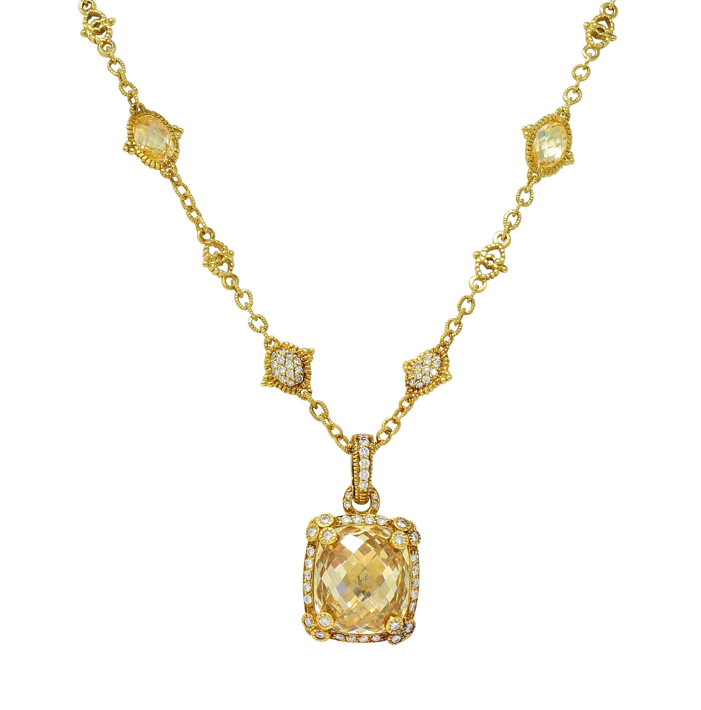 Judith Ripka 23.04 CTW Canary Quartz Diamond 18K Gold Pendant Necklace