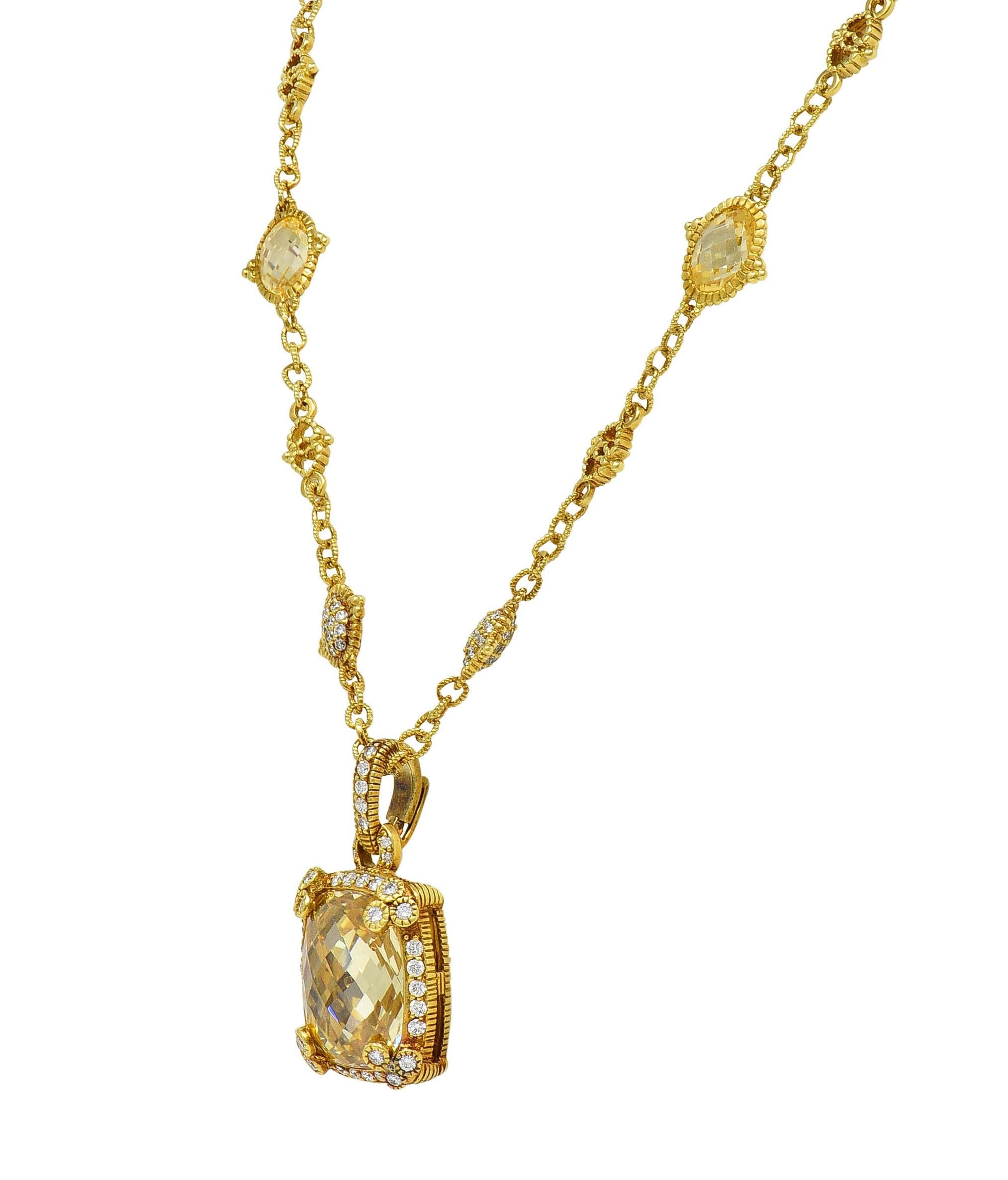 Judith Ripka 23.04 CTW Canary Quartz Diamond 18K Gold Pendant Necklace