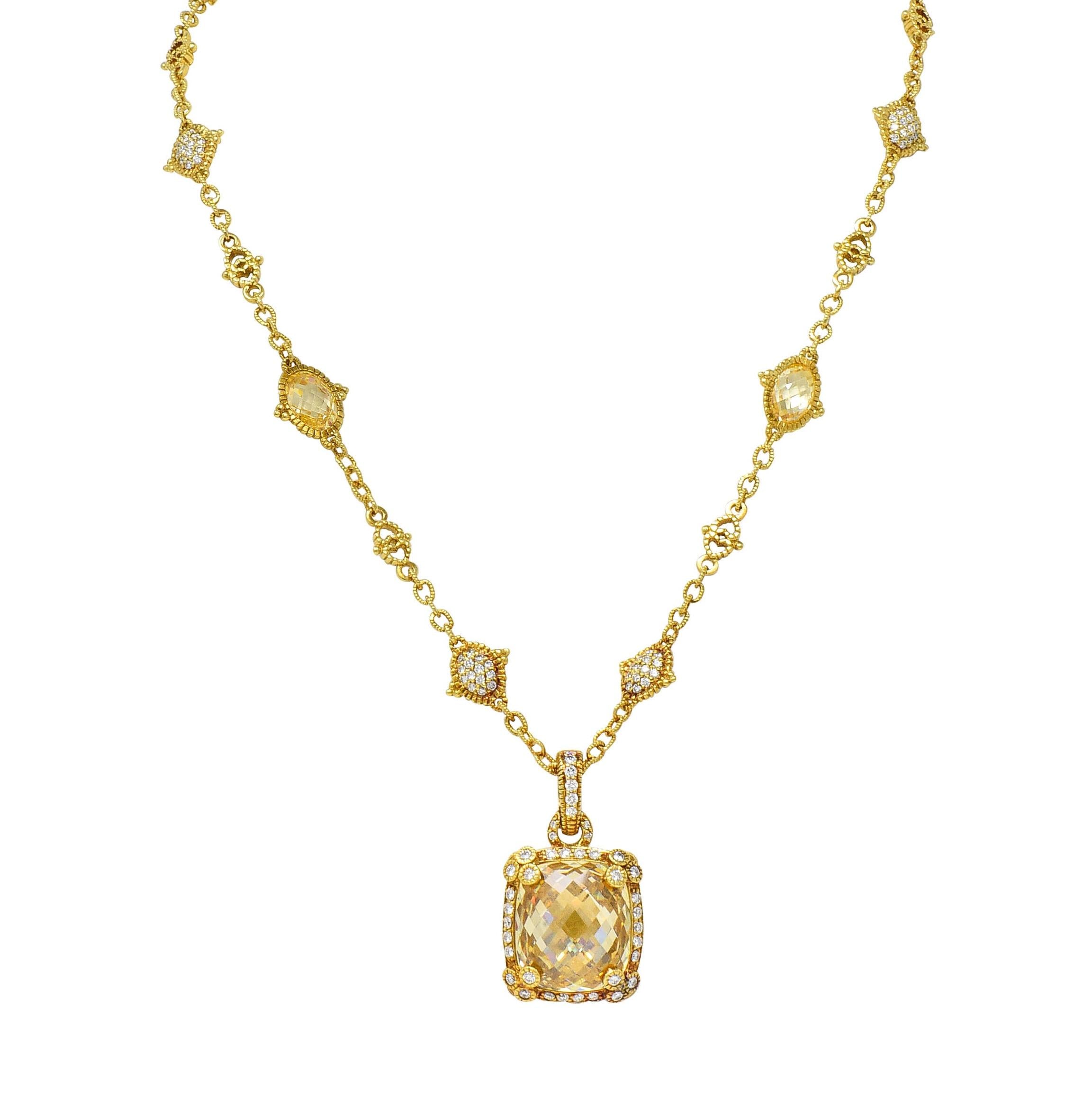 Judith Ripka 23.04 CTW Canary Quartz Diamond 18K Gold Pendant Necklace