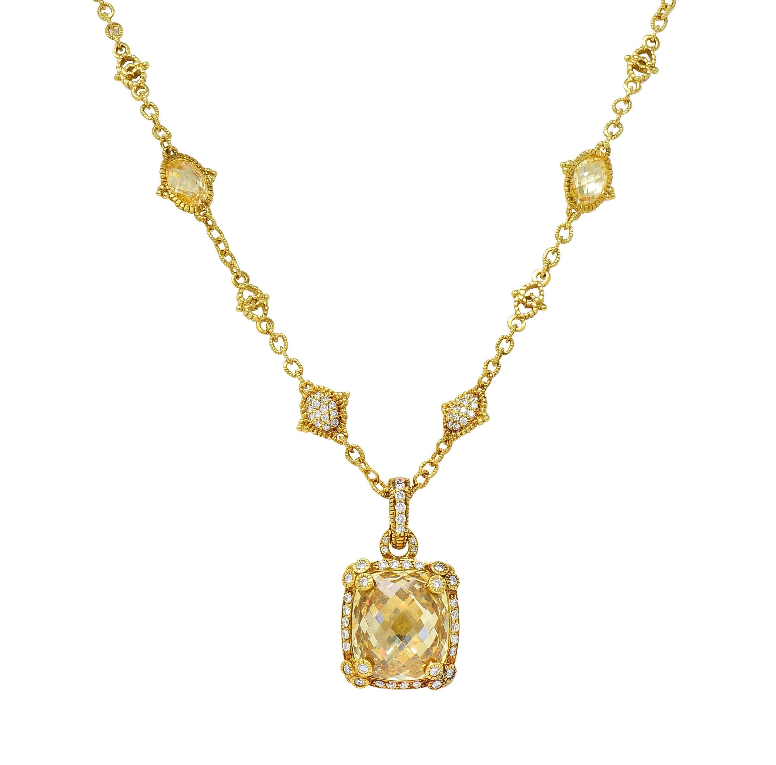 Judith Ripka 23.04 CTW Canary Quartz Diamond 18K Gold Pendant Necklace