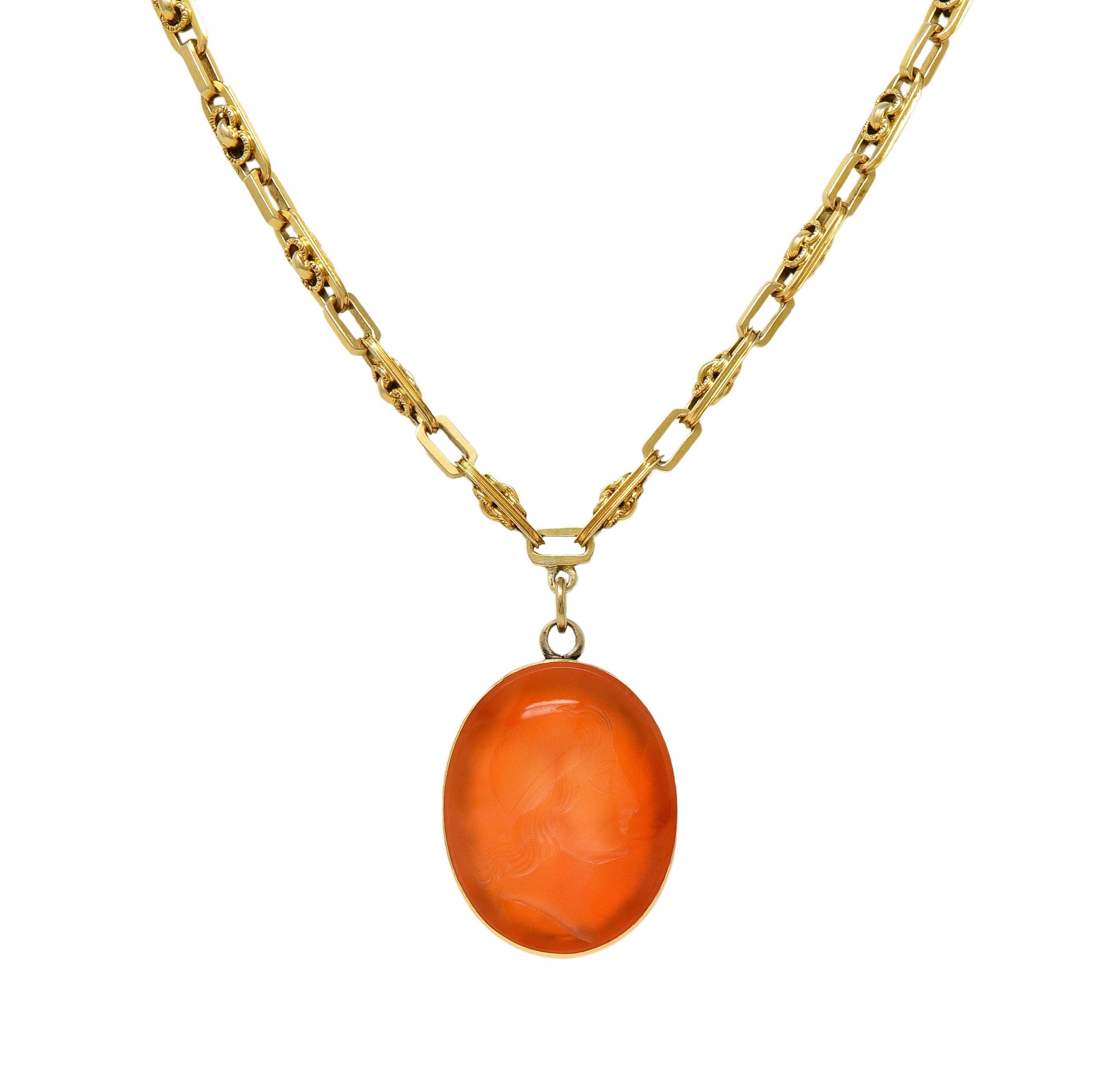 Victorian Carnelian 14K Gold Fancy Link Chain Cameo Antique Pendant Necklace