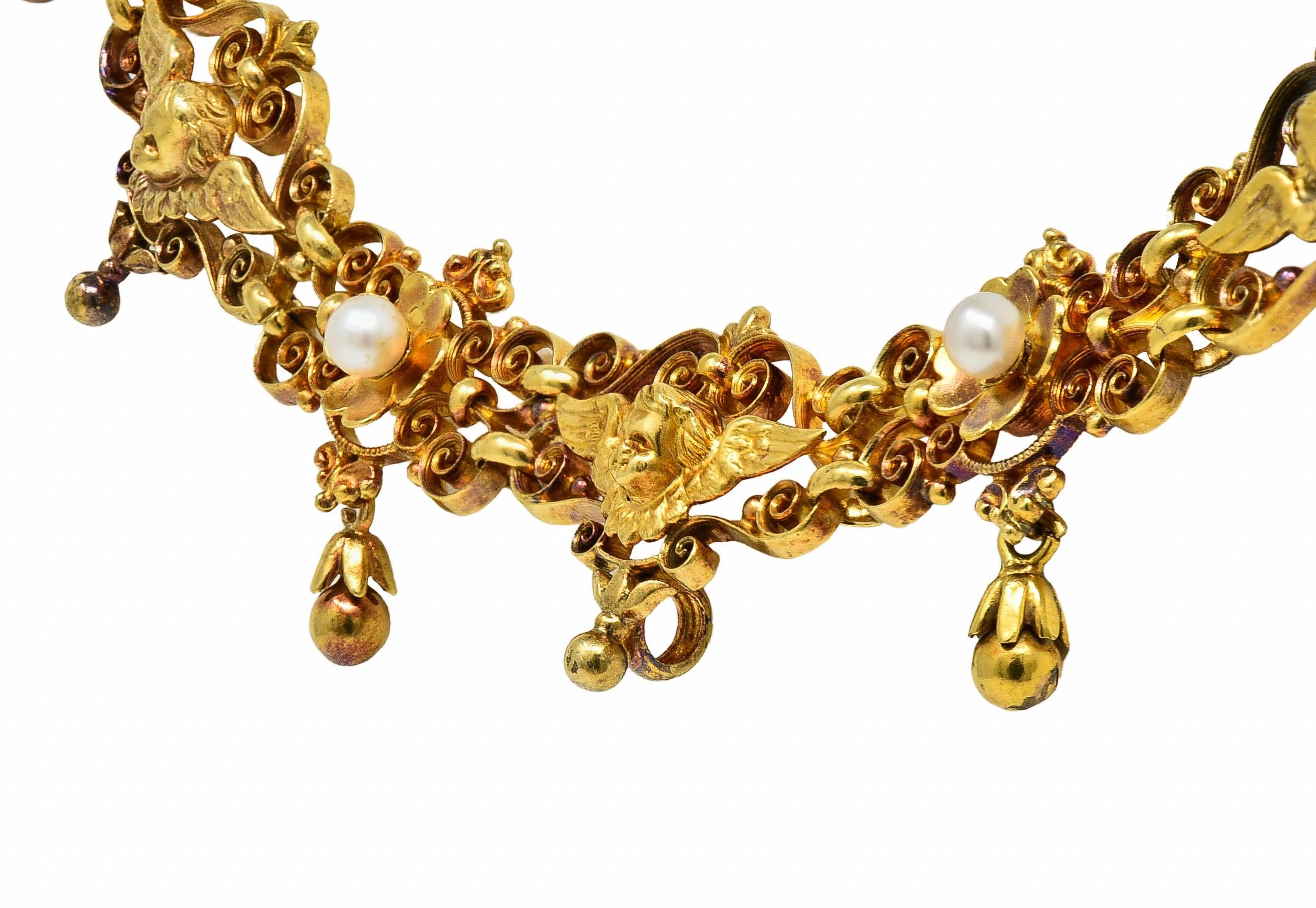 Victorian Neoclassical Pearl 14 Karat Yellow Gold Antique Cherub Fringe Necklace