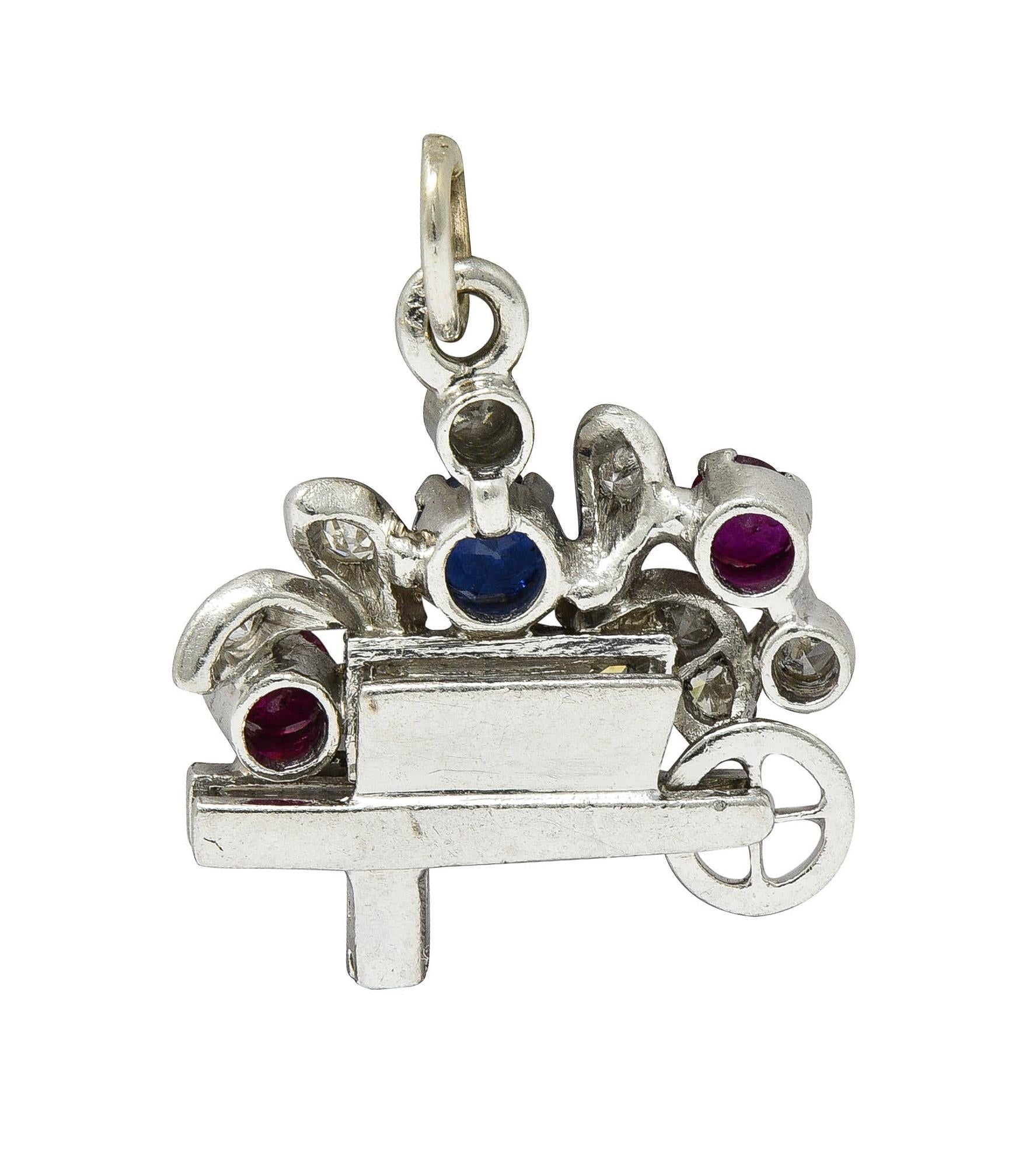 French Art Deco Sapphire Ruby Multi-Gem Platinum Vintage Flower Cart Charm