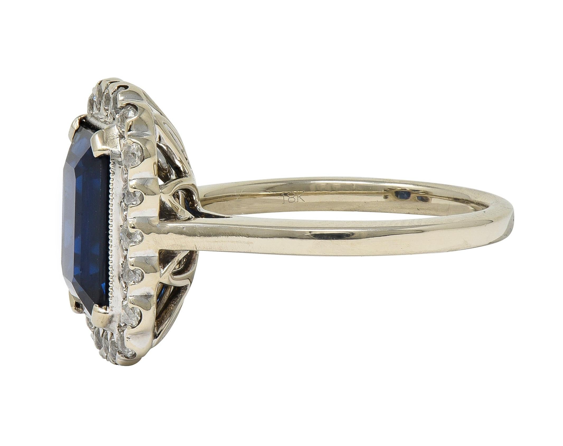 Contemporary 5.49 CTW Sapphire Diamond 18 Karat White Gold Halo Ring GIA