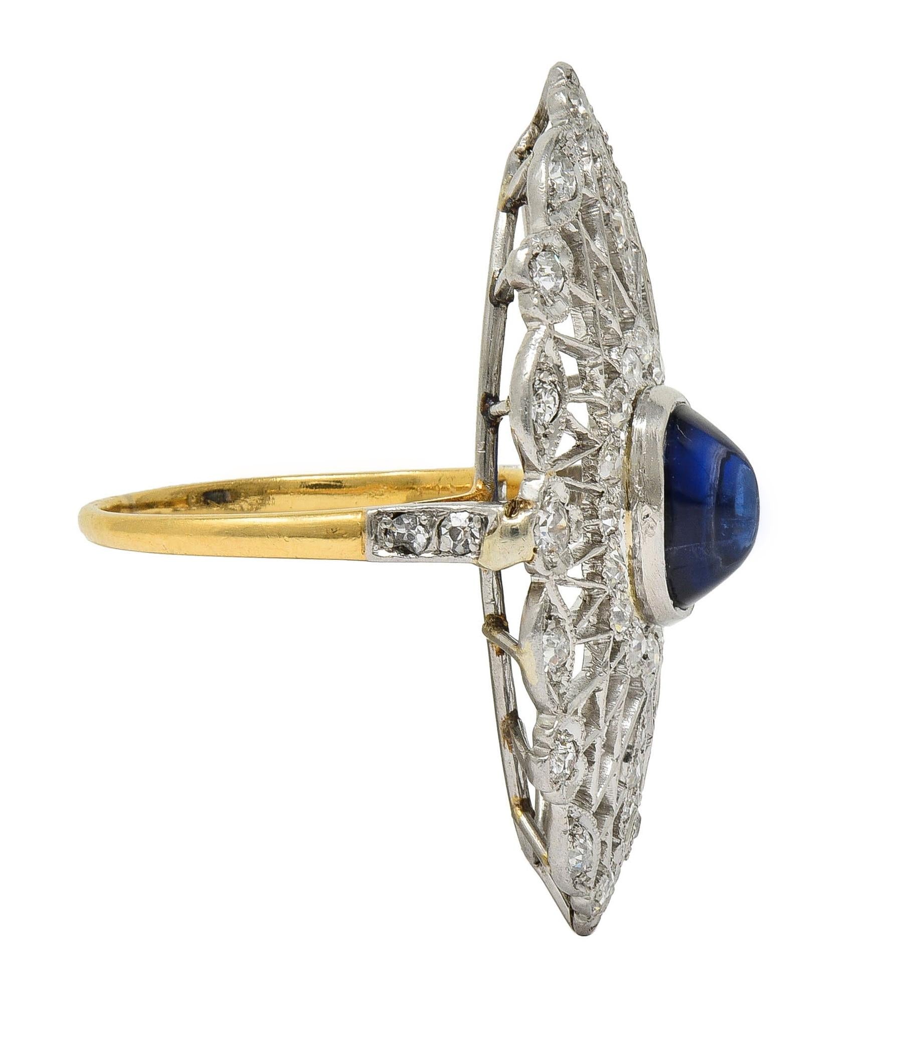 Edwardian 3.78 CTW Sapphire Diamond Platinum 18K Vintage Navette Dinner Ring