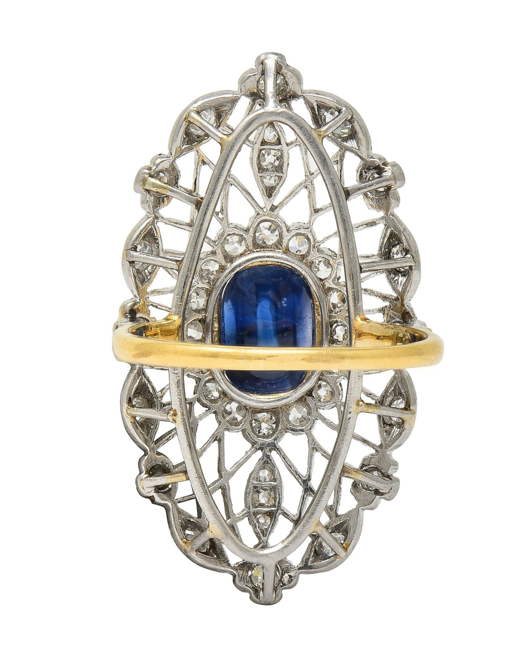 Edwardian 3.78 CTW Sapphire Diamond Platinum 18K Vintage Navette Dinner Ring