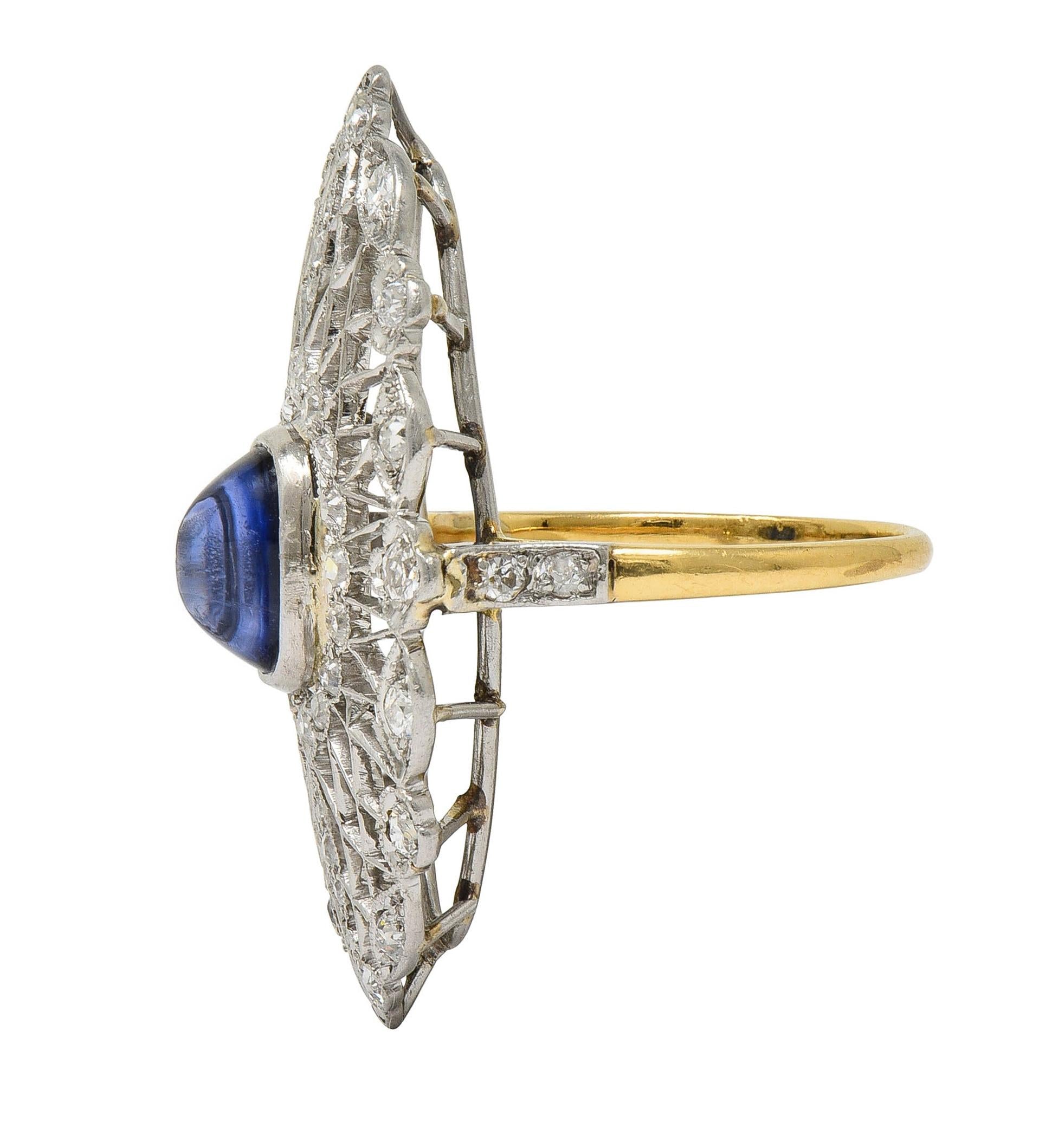 Edwardian 3.78 CTW Sapphire Diamond Platinum 18K Vintage Navette Dinner Ring