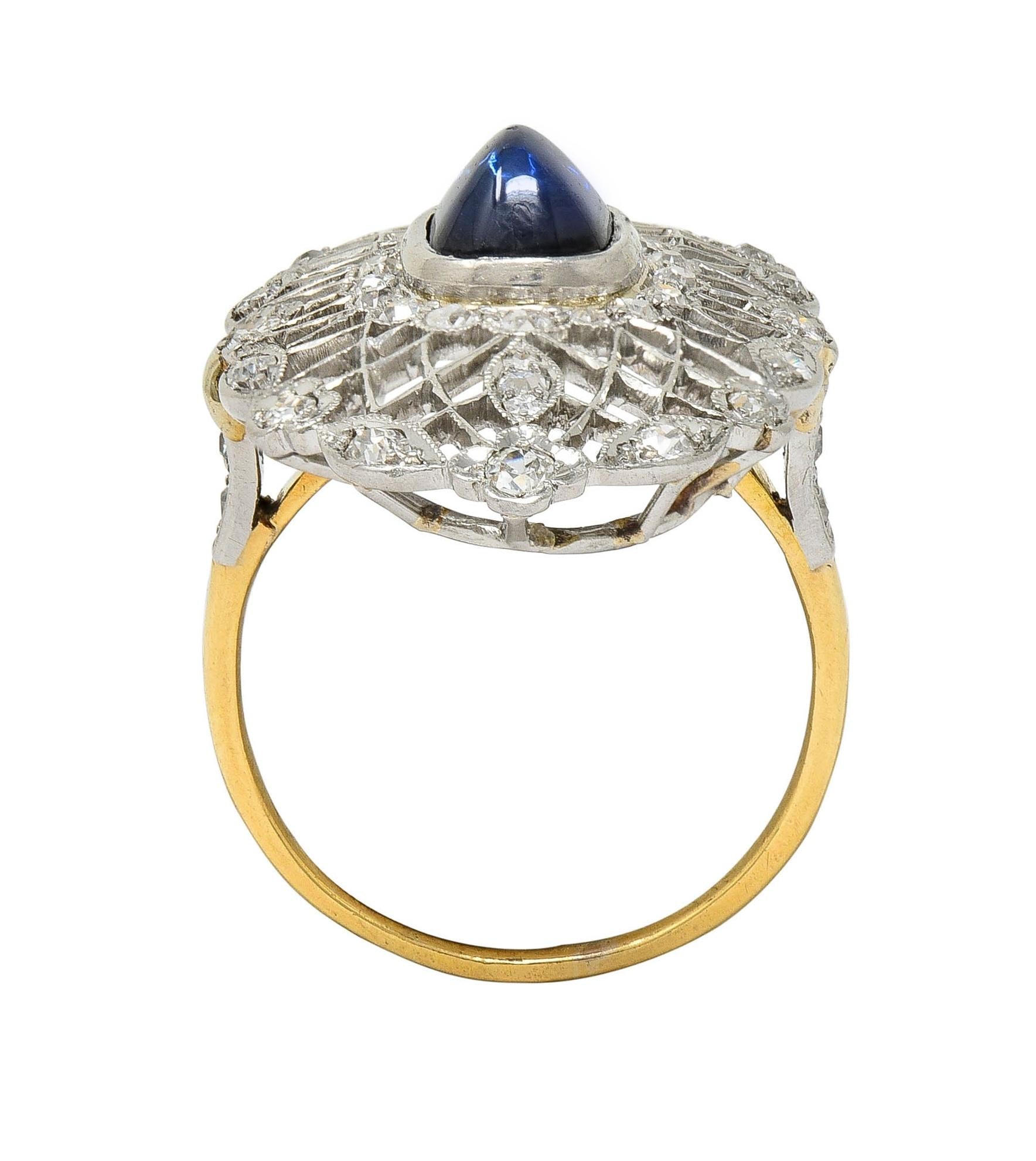 Edwardian 3.78 CTW Sapphire Diamond Platinum 18K Vintage Navette Dinner Ring