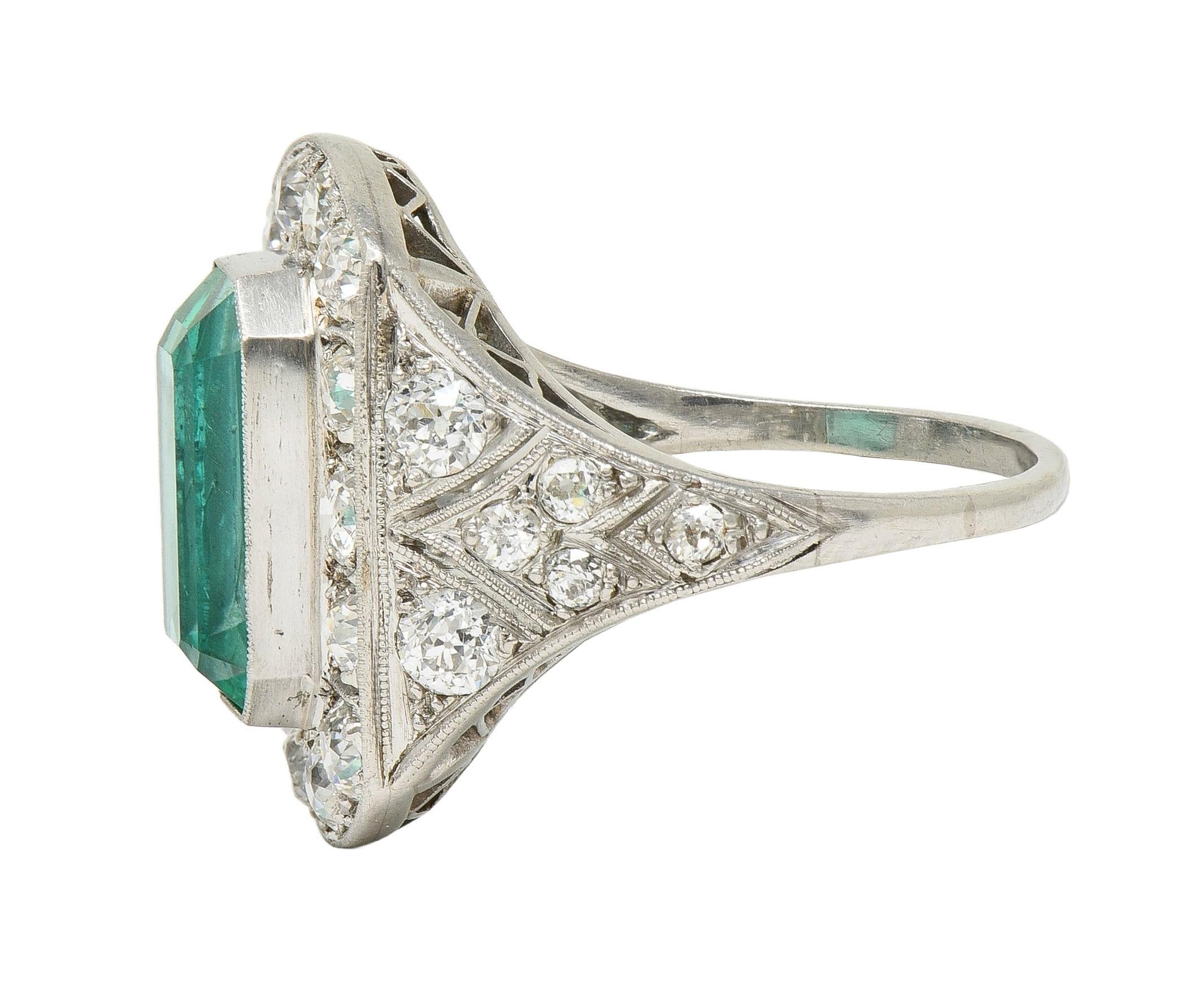 Art Deco 5.86 CTW Colombian Emerald Diamond Platinum Vintage Halo Ring GIA