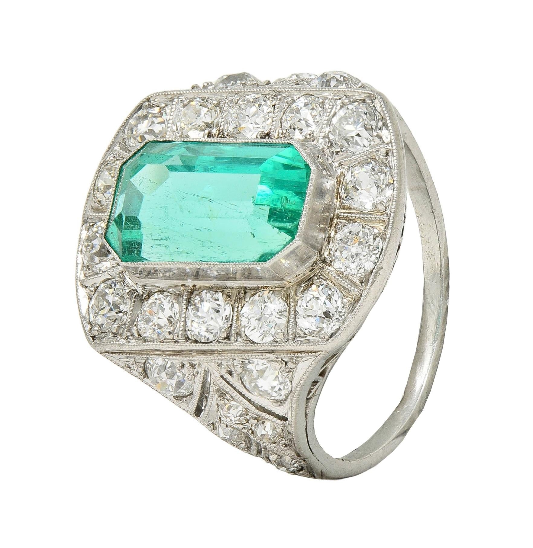 Art Deco 5.86 CTW Colombian Emerald Diamond Platinum Vintage Halo Ring GIA