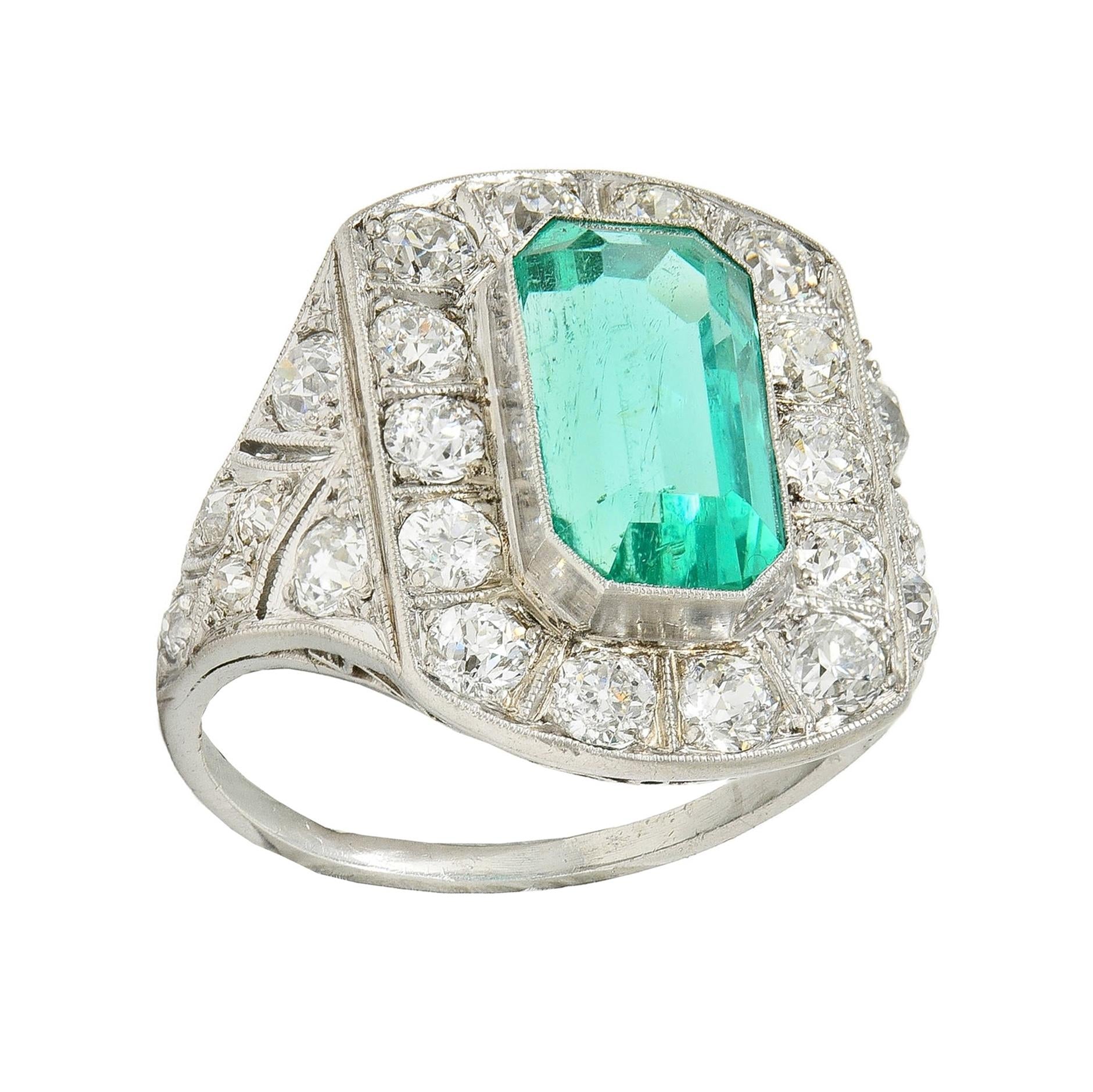 Art Deco 5.86 CTW Colombian Emerald Diamond Platinum Vintage Halo Ring GIA