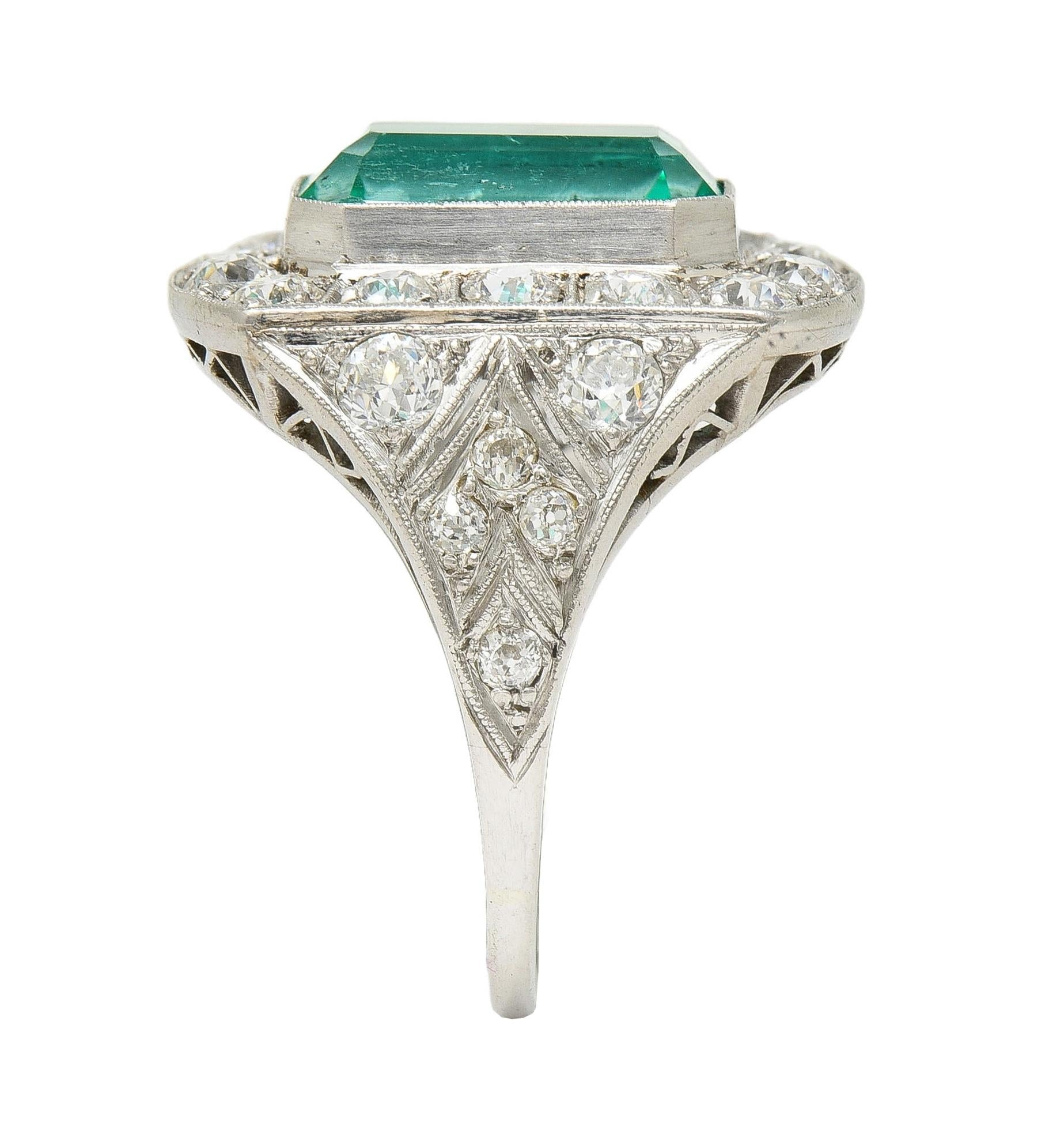 Art Deco 5.86 CTW Colombian Emerald Diamond Platinum Vintage Halo Ring GIA