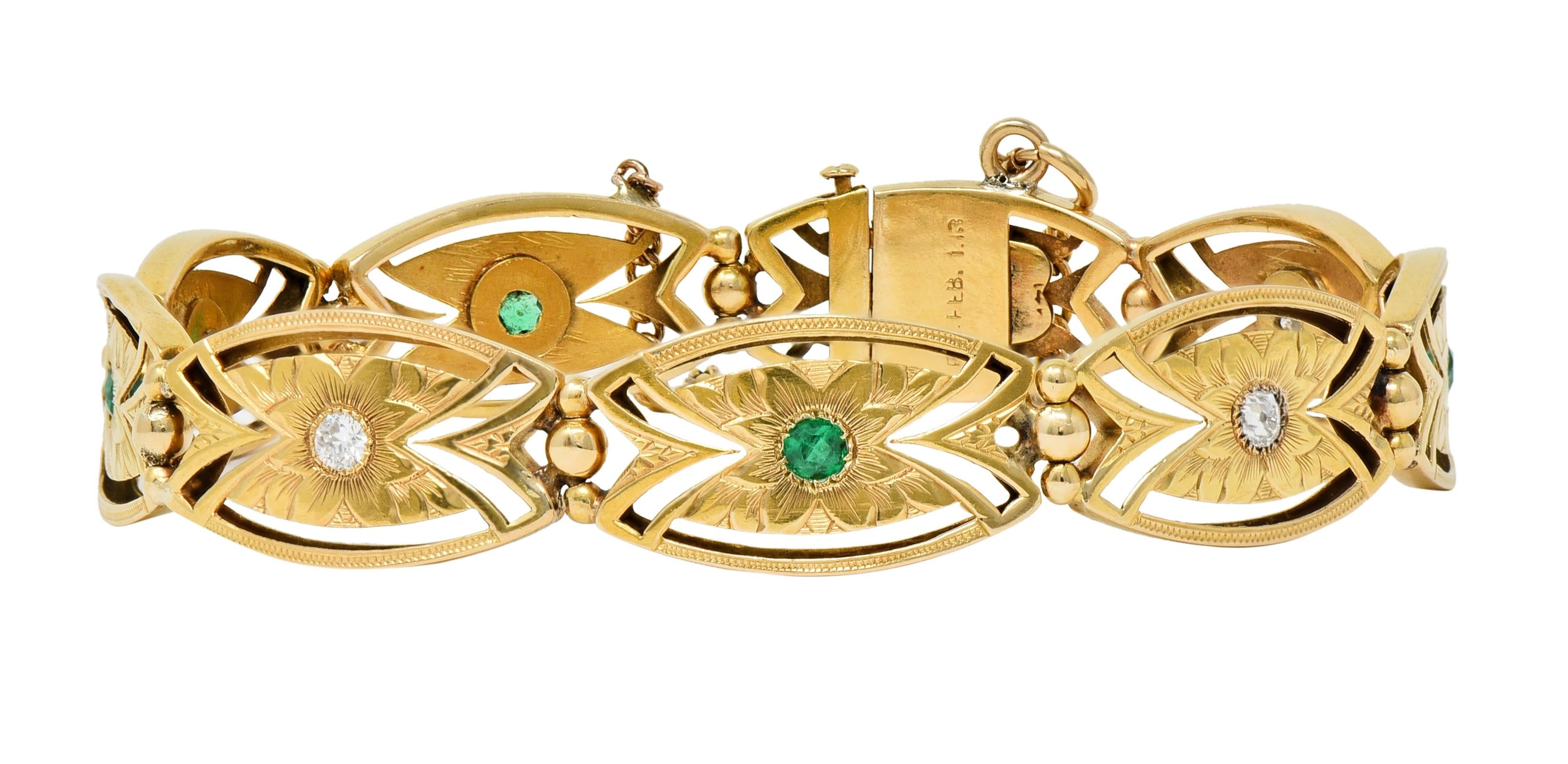 Art Nouveau Diamond Emerald 14 Karat Yellow Gold Floral Navette Link Bracelet