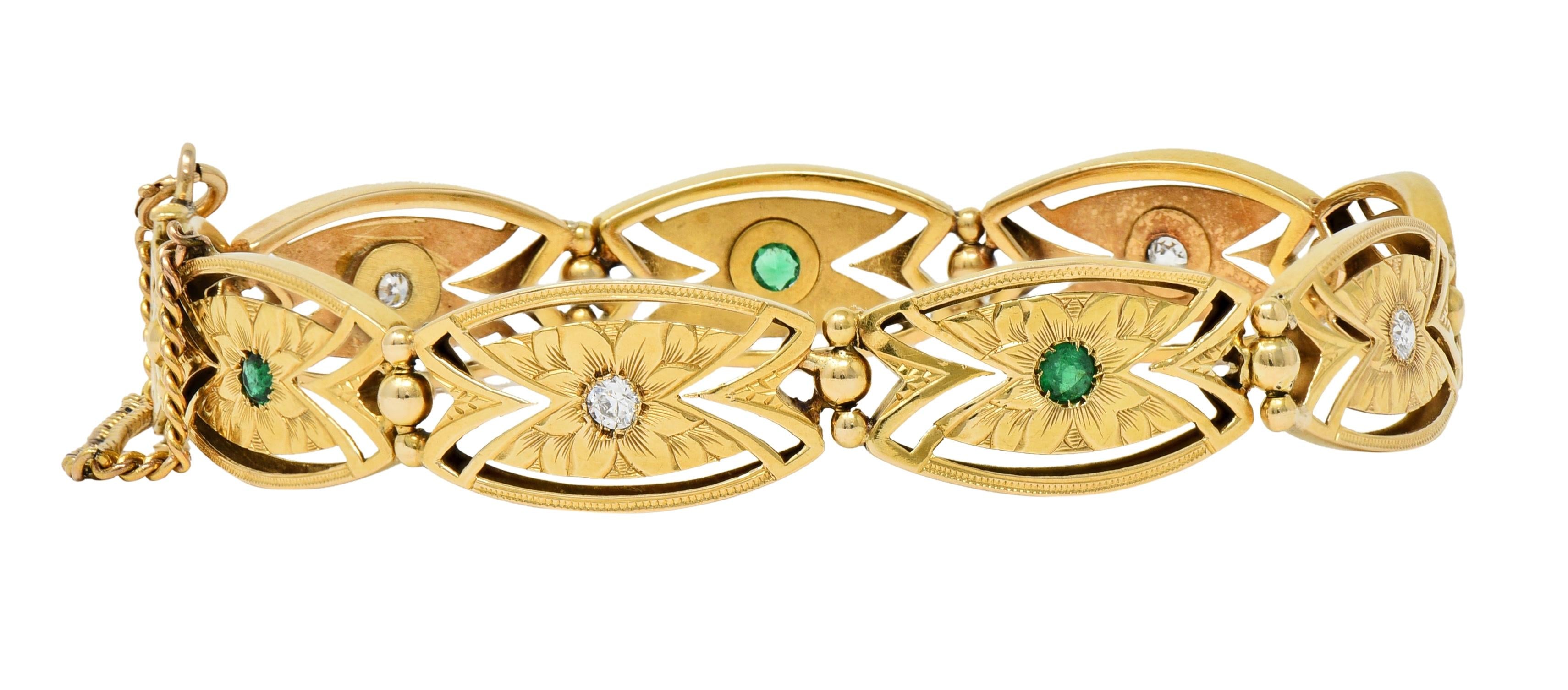 Art Nouveau Diamond Emerald 14 Karat Yellow Gold Floral Navette Link Bracelet