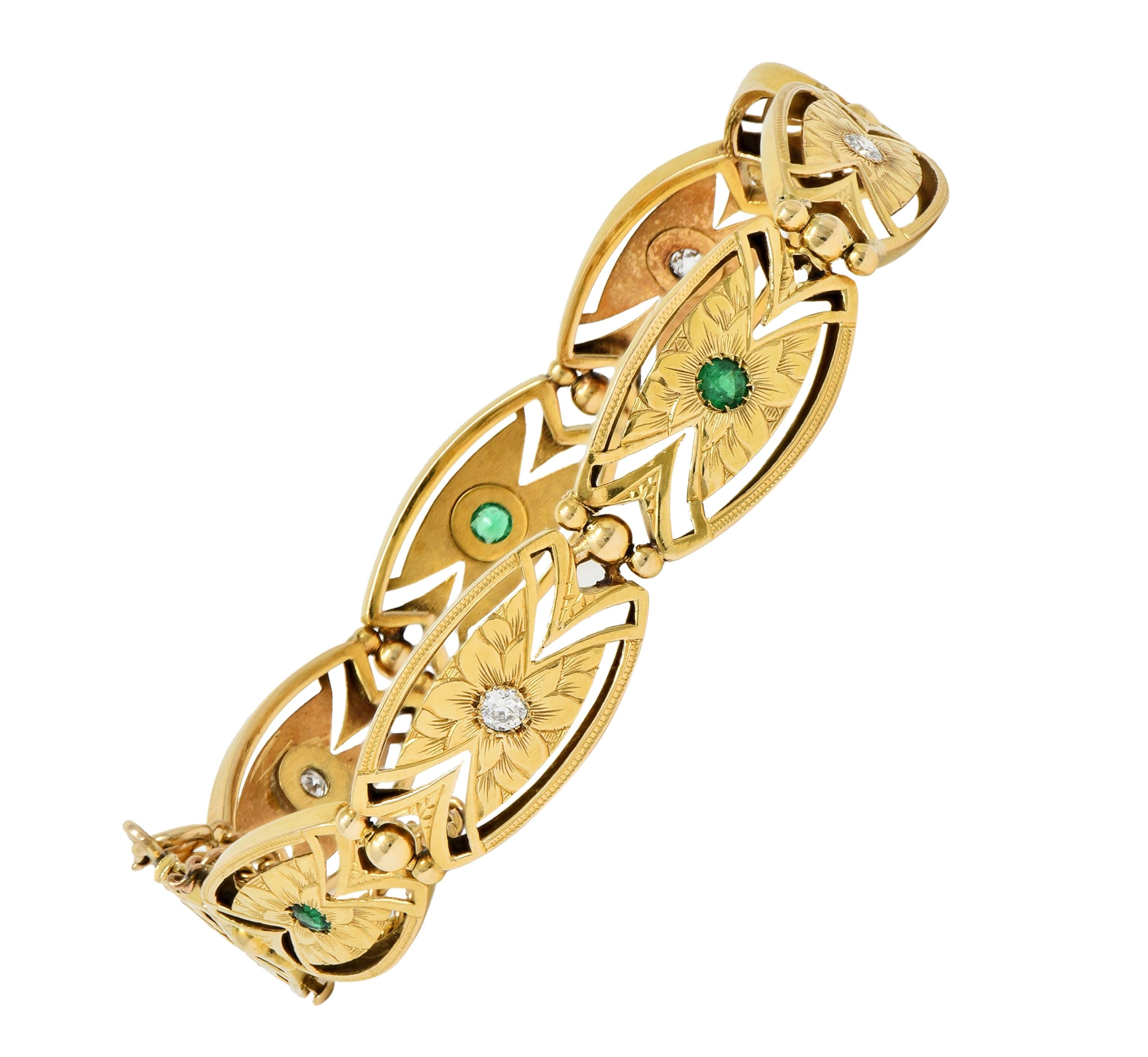 Art Nouveau Diamond Emerald 14 Karat Yellow Gold Floral Navette Link Bracelet