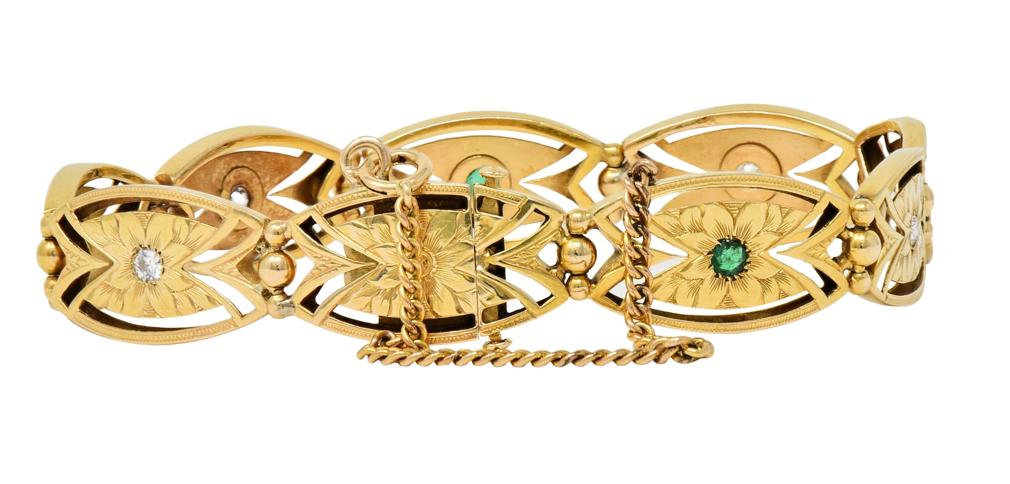 Art Nouveau Diamond Emerald 14 Karat Yellow Gold Floral Navette Link Bracelet