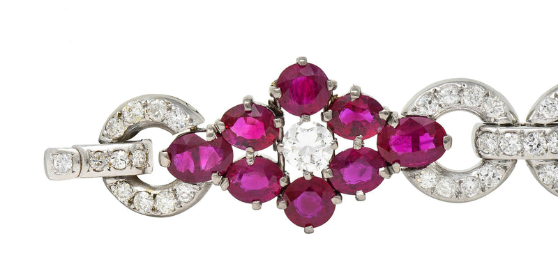 Mid-Century 27.62 CTW Ruby Diamond Platinum Cluster Vintage Line Bracelet