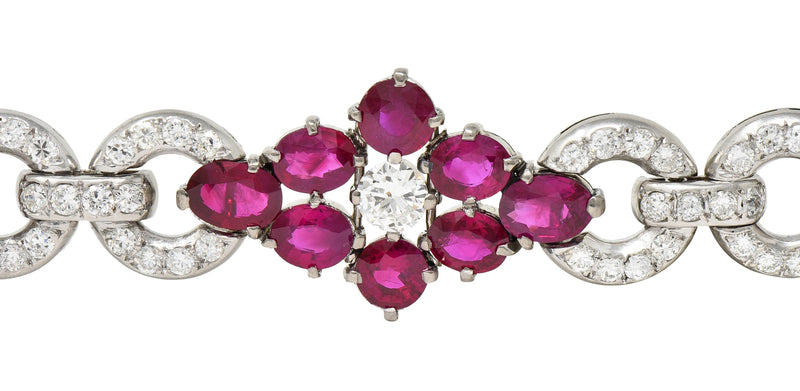 Mid-Century 27.62 CTW Ruby Diamond Platinum Cluster Vintage Line Bracelet