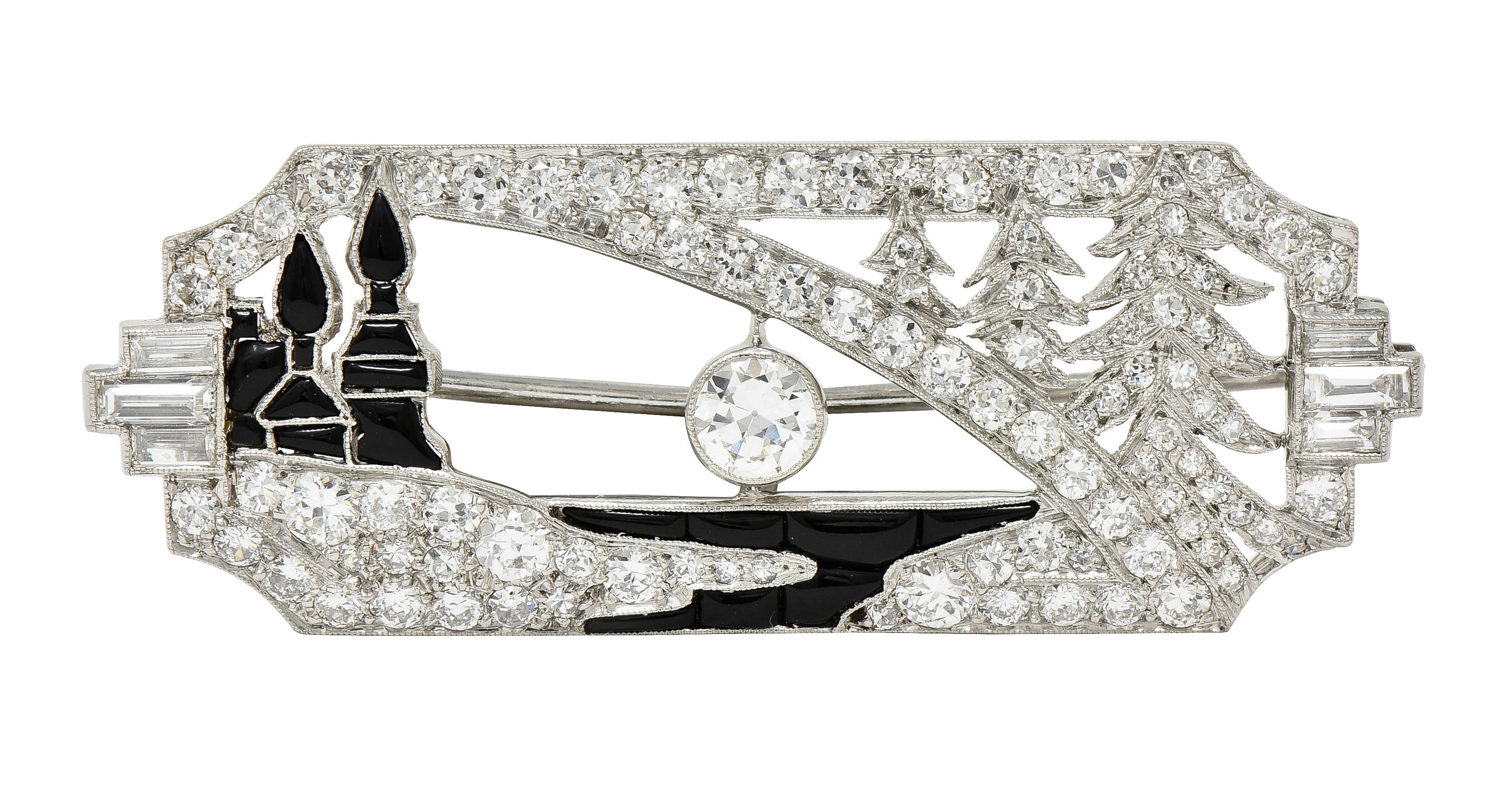 Art Deco 2.63 CTW Diamond Onyx Platinum Antique Horizon Brooch