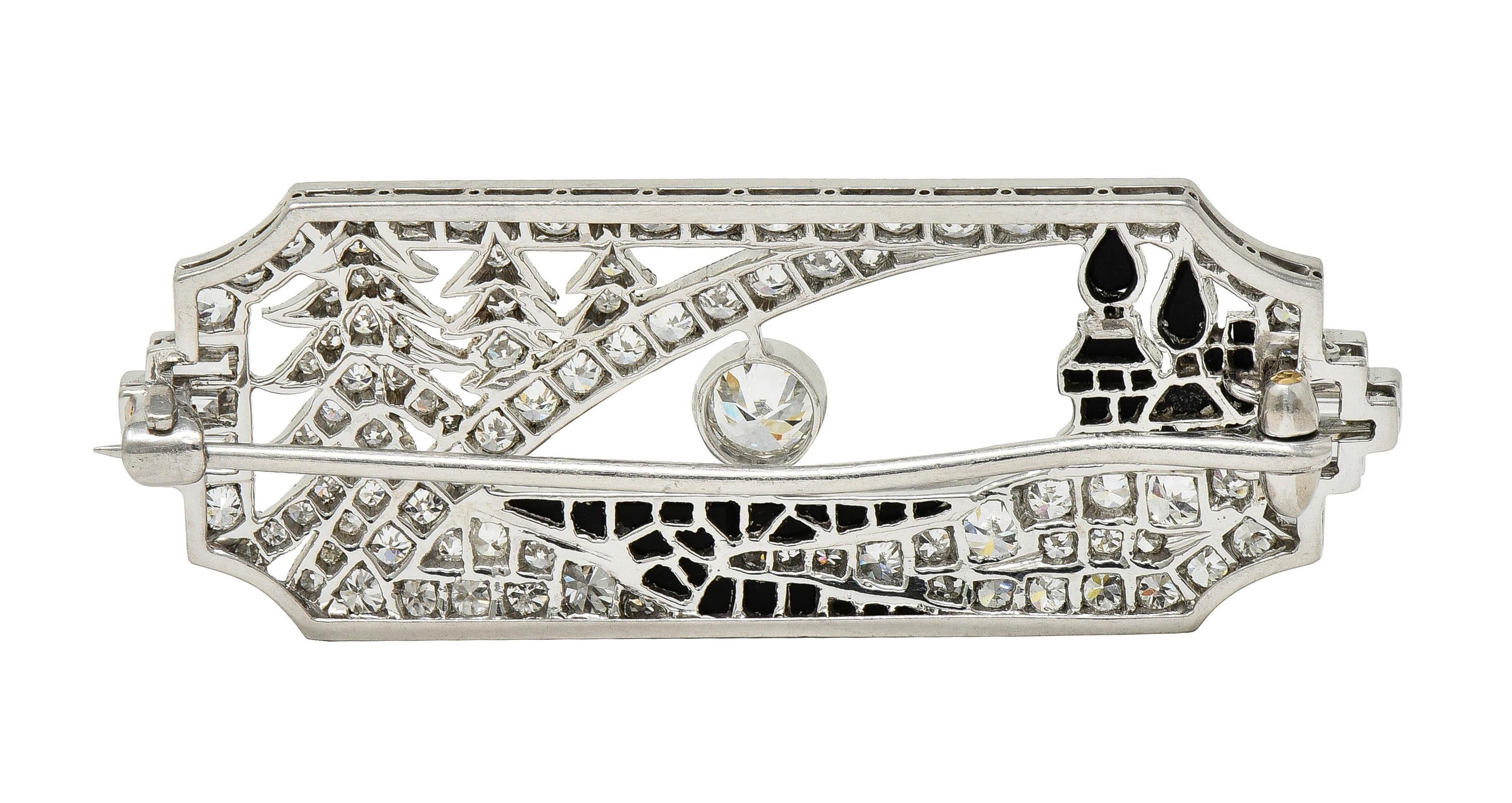 Art Deco 2.63 CTW Diamond Onyx Platinum Antique Horizon Brooch