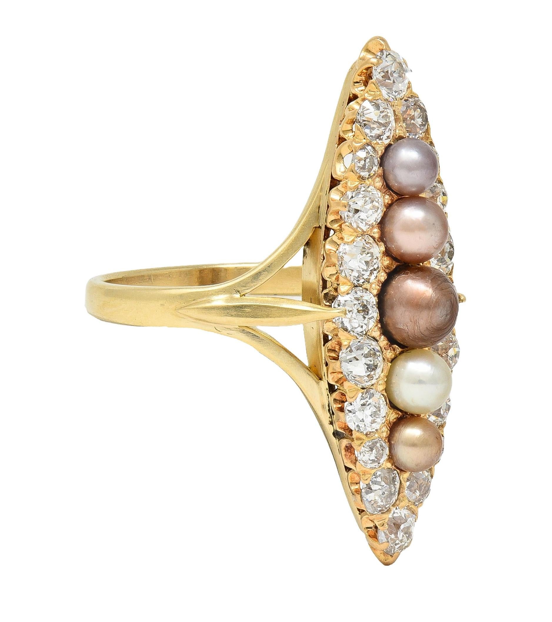 Victorian 1.42 CTW Diamond Natural Pearl 14 Kt Yellow Gold Antique Navette Ring