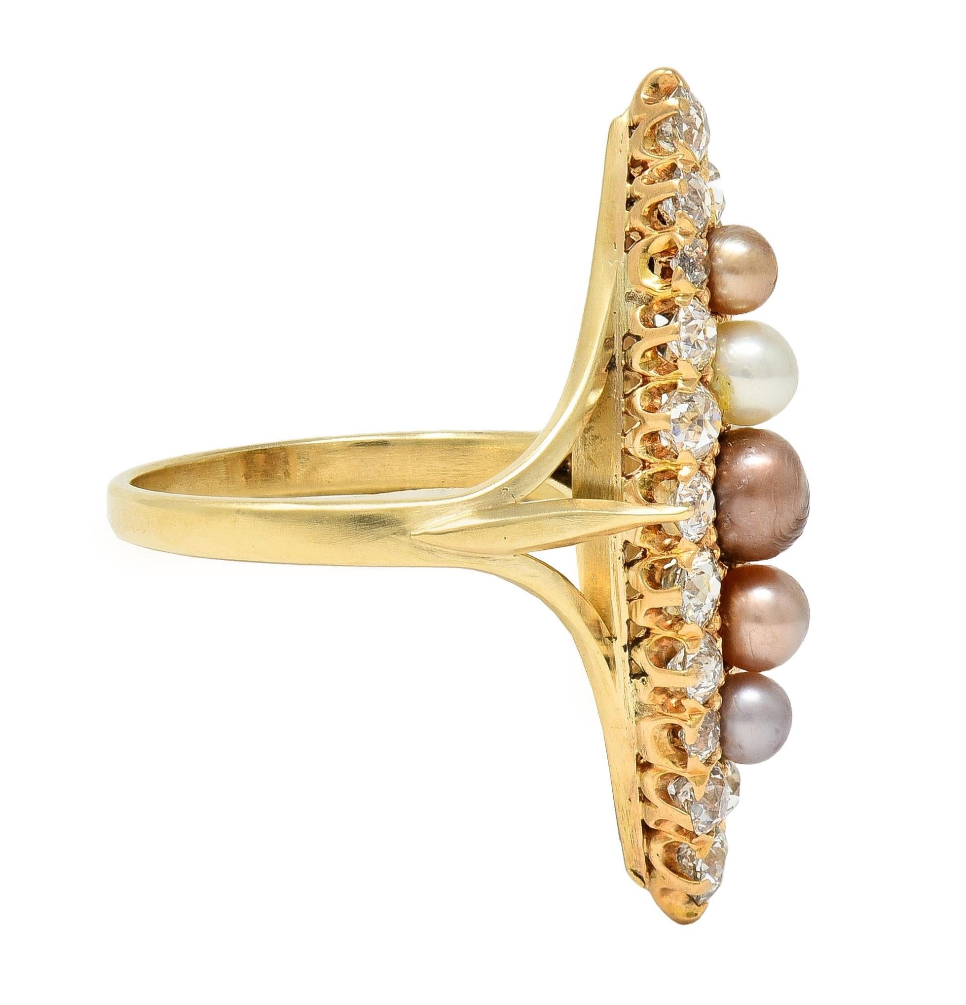 Victorian 1.42 CTW Diamond Natural Pearl 14 Kt Yellow Gold Antique Navette Ring