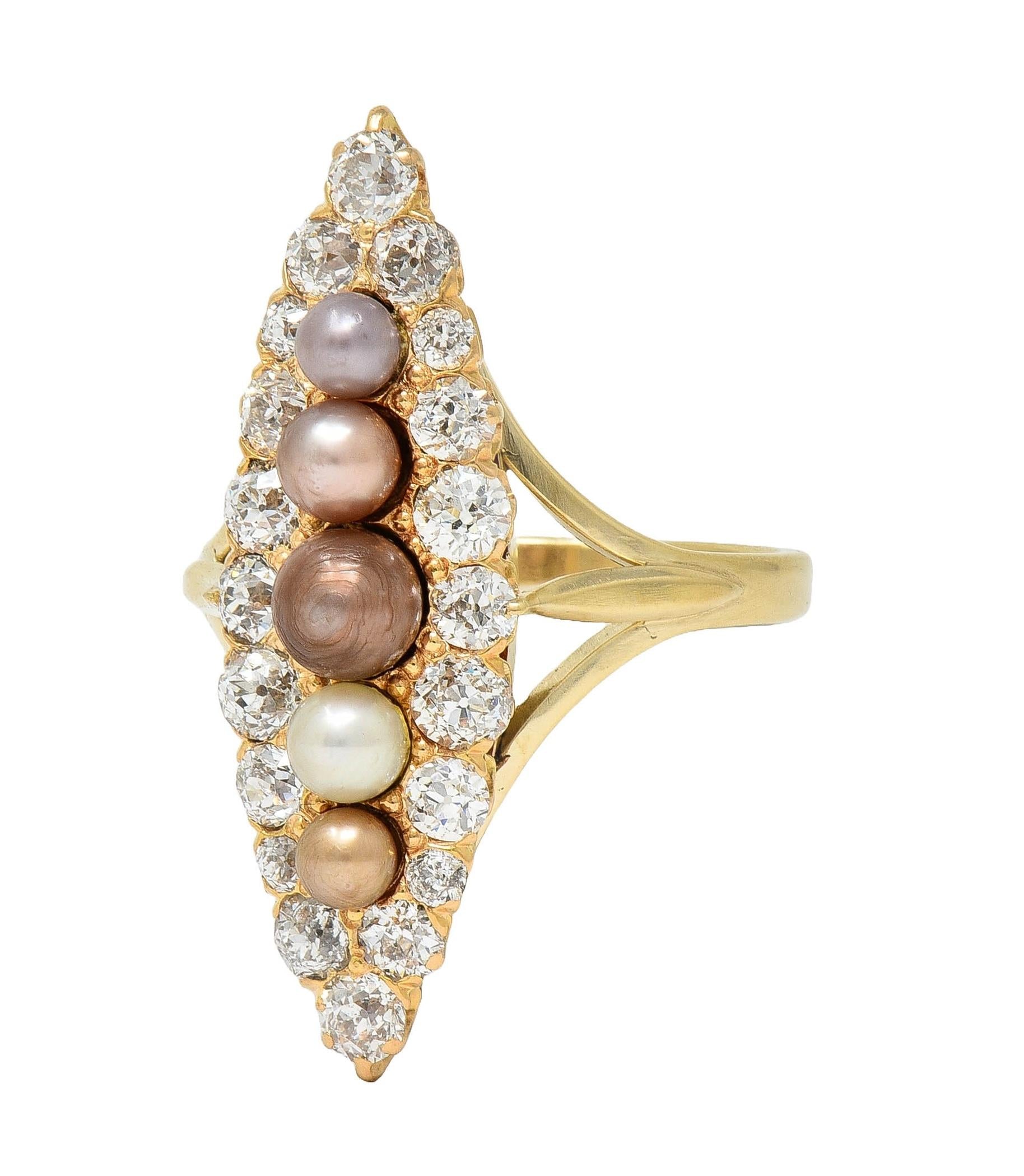 Victorian 1.42 CTW Diamond Natural Pearl 14 Kt Yellow Gold Antique Navette Ring