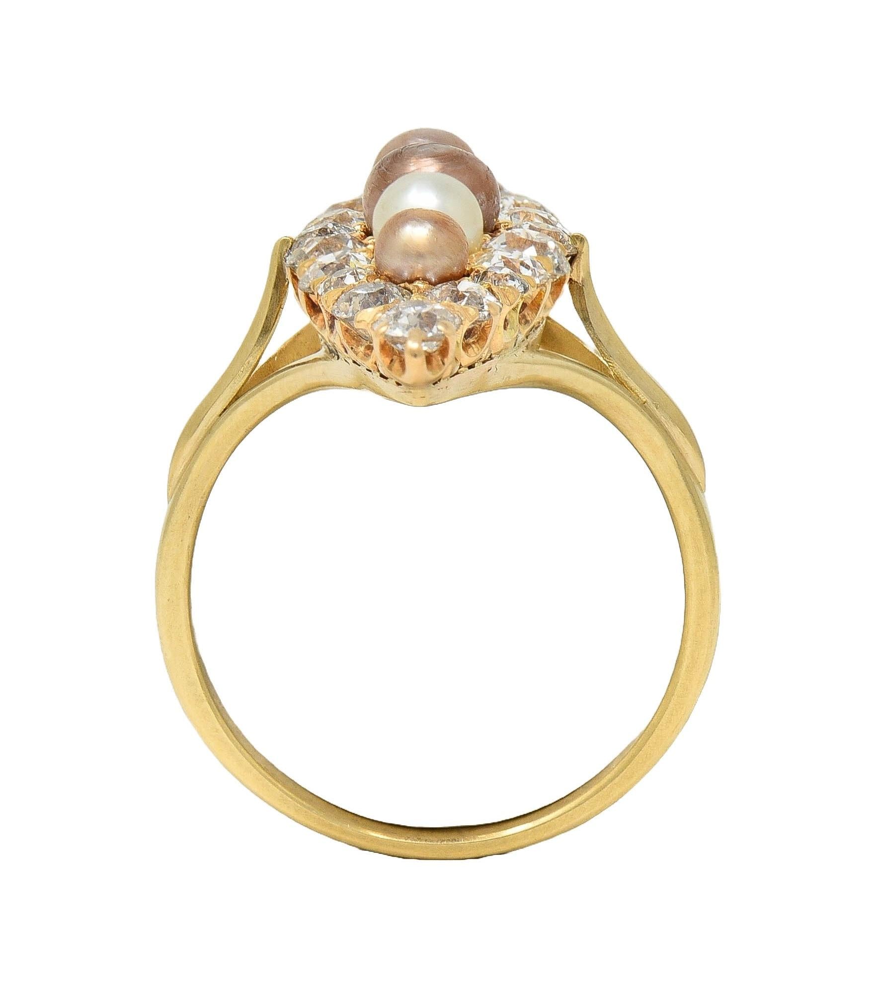 Victorian 1.42 CTW Diamond Natural Pearl 14 Kt Yellow Gold Antique Navette Ring