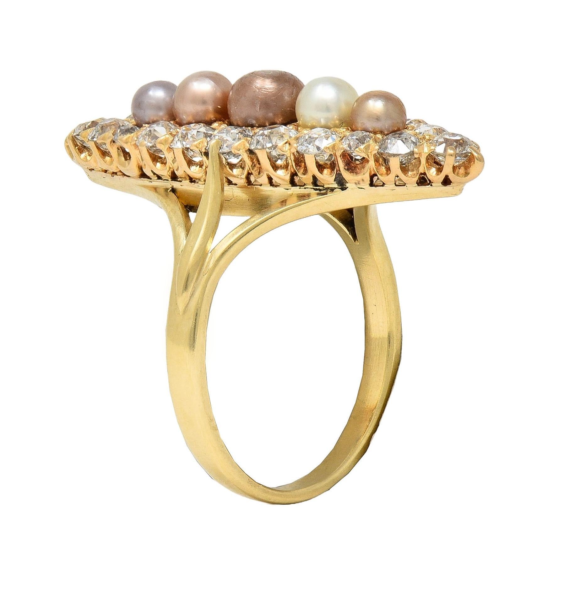 Victorian 1.42 CTW Diamond Natural Pearl 14 Kt Yellow Gold Antique Navette Ring