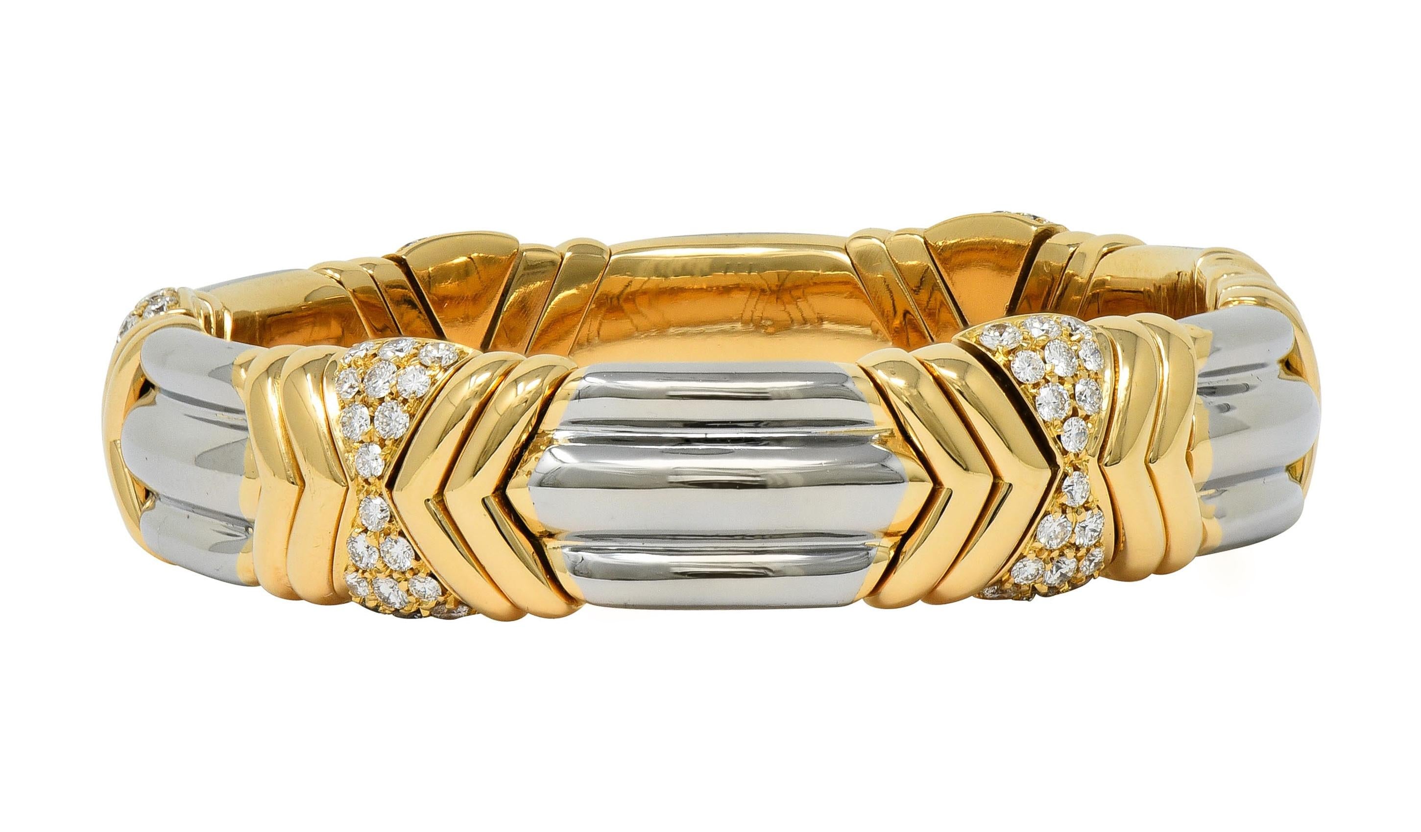 Bulgari 1980's 2.50 CTW Diamond Steel 18 Karat Yellow Gold Vintage Cuff Bracelet