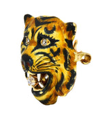 Alling & Co Art Nouveau Diamond Enamel 14 Karat Yellow Gold Antique Tiger Brooch