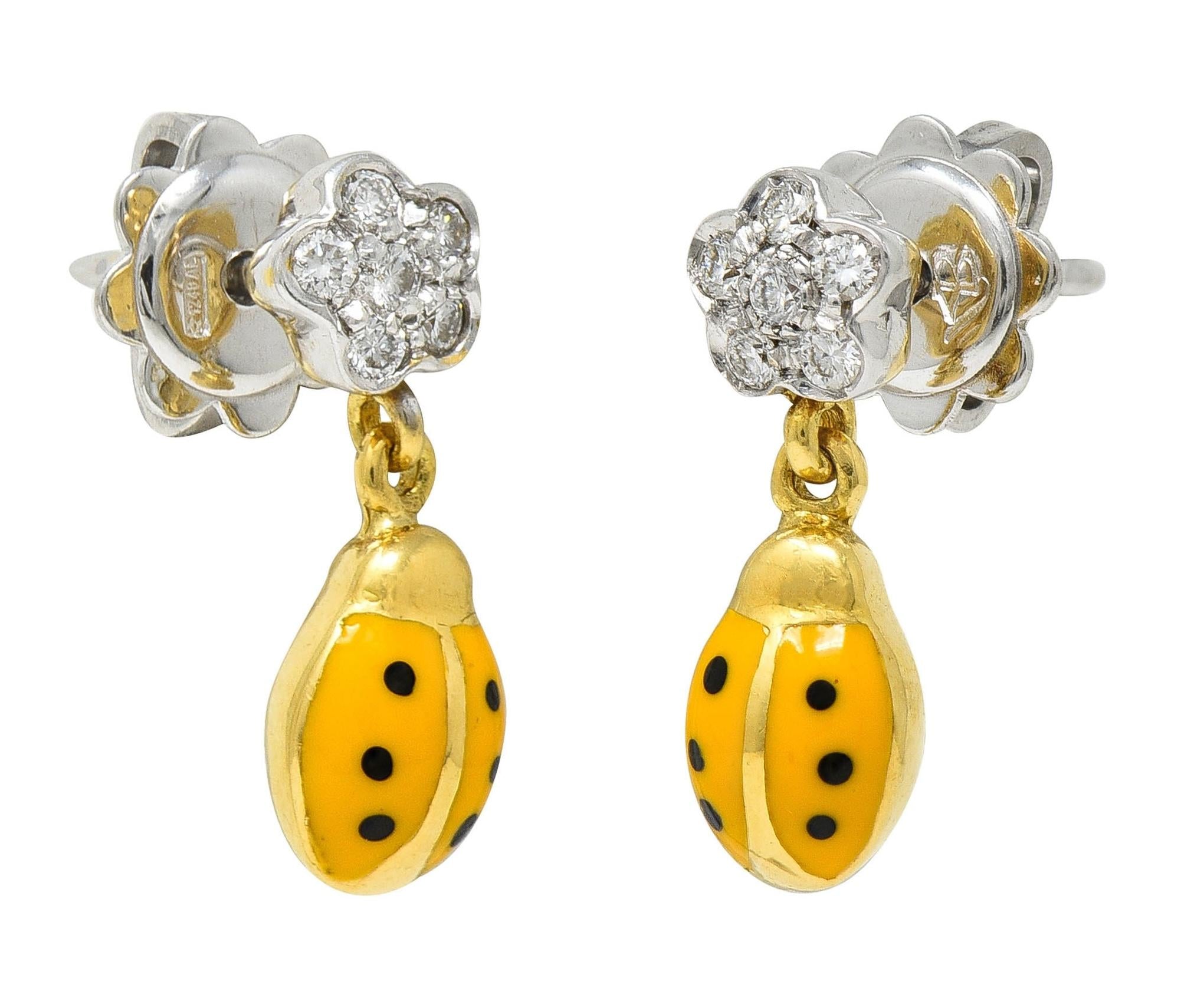 Aaron Basha Diamond Orange Enamel 18 Karat Two-Tone Gold Ladybug Drop Earrings