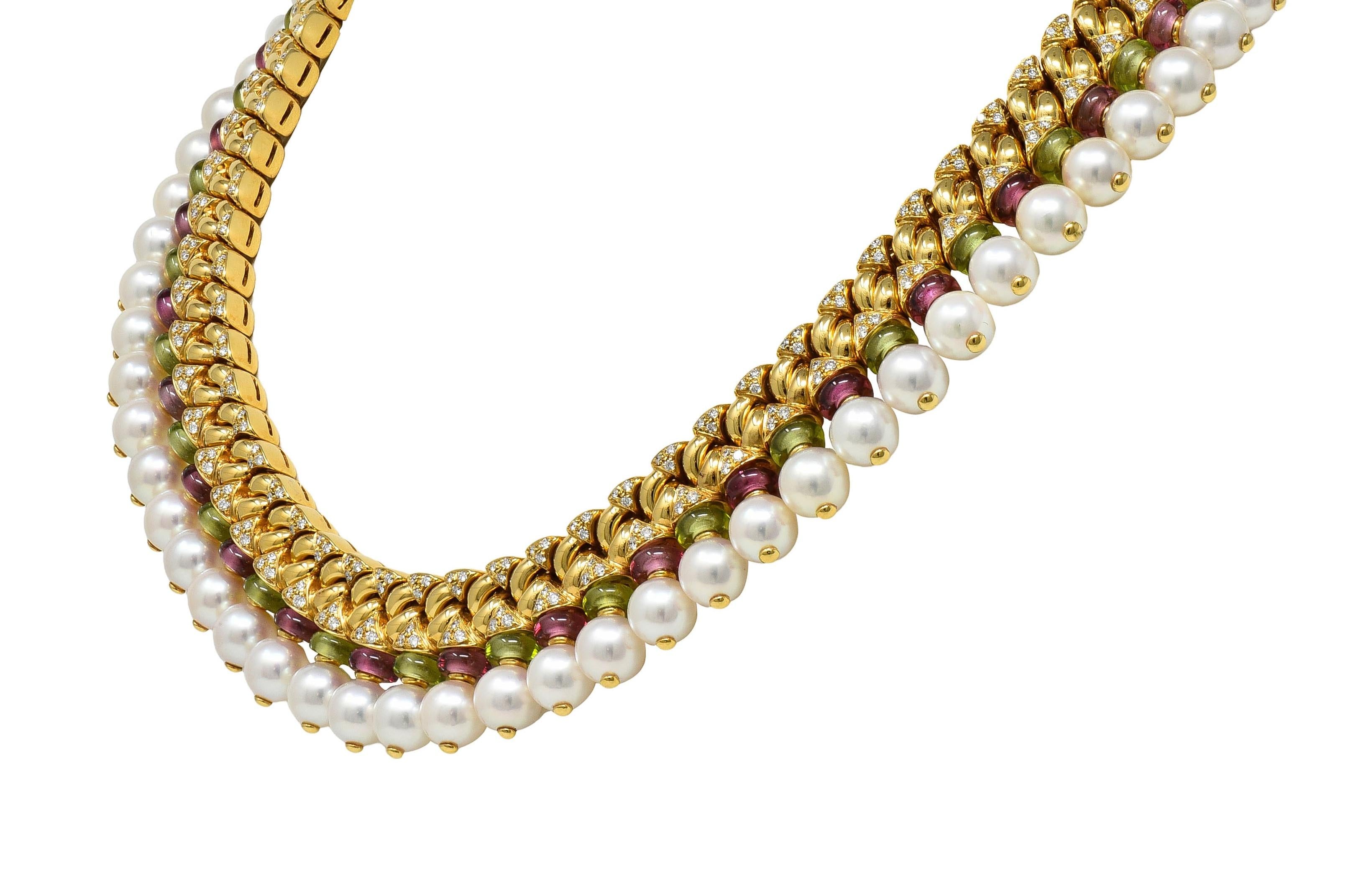 Bulgari 1990s Diamond Tourmaline Pearl 18K Gold Celtura Fringe Vintage Necklace