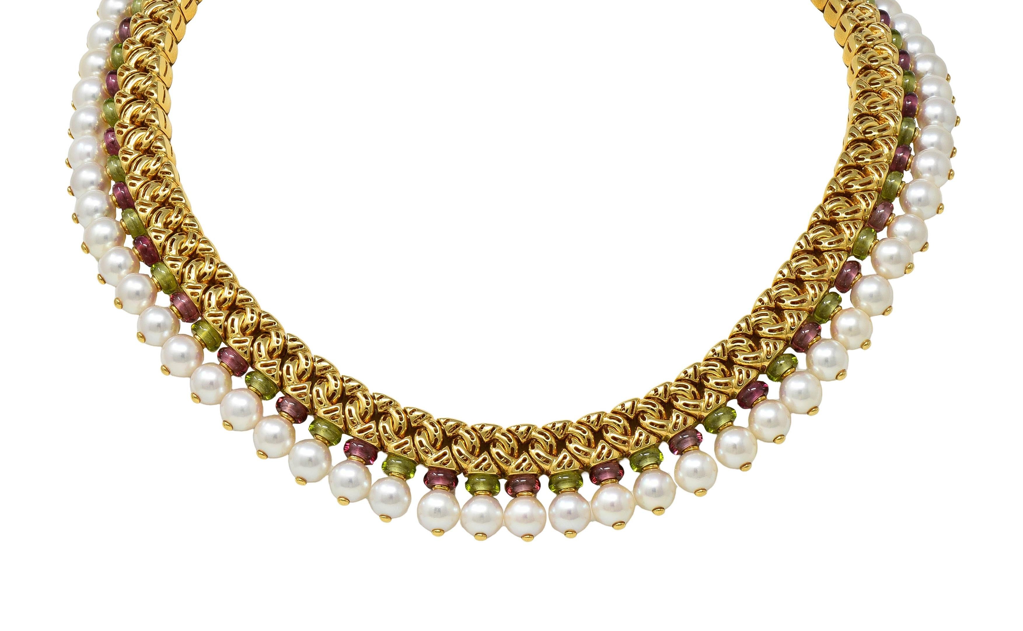 Bulgari 1990s Diamond Tourmaline Pearl 18K Gold Celtura Fringe Vintage Necklace