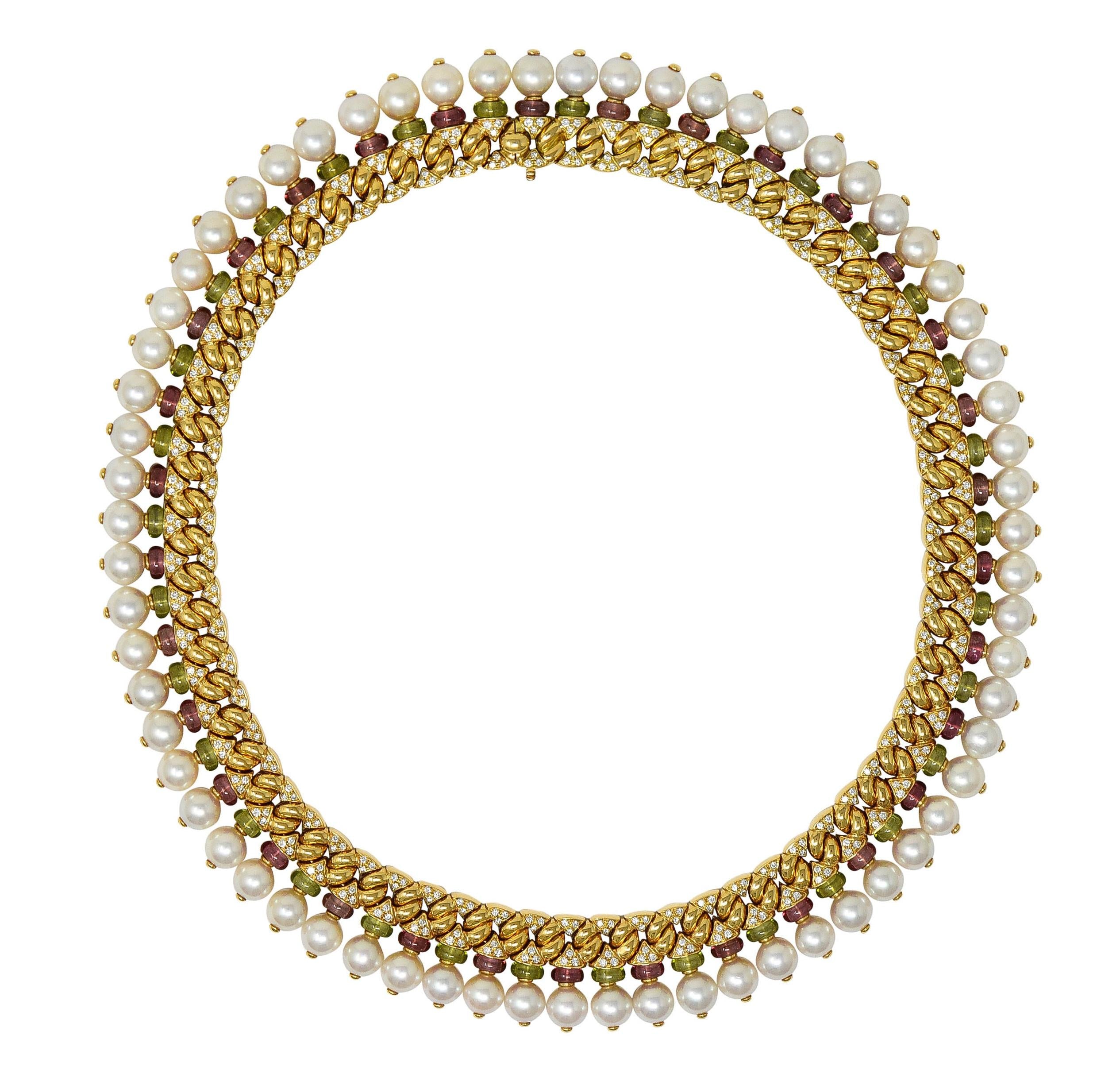 Bulgari 1990s Diamond Tourmaline Pearl 18K Gold Celtura Fringe Vintage Necklace