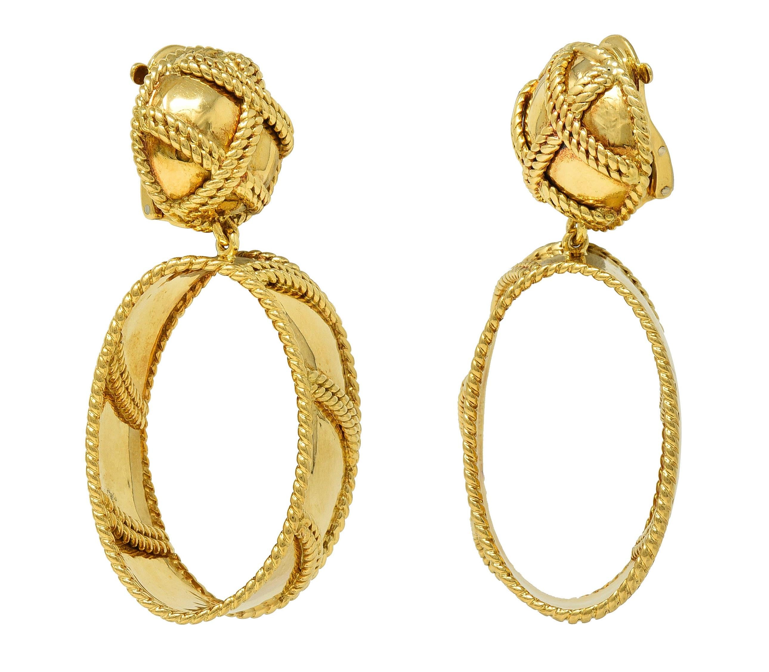 Sabbadini 1980 18 Karat Yellow Gold Vintage Twisted Rope Drop Ear Clip Earrings