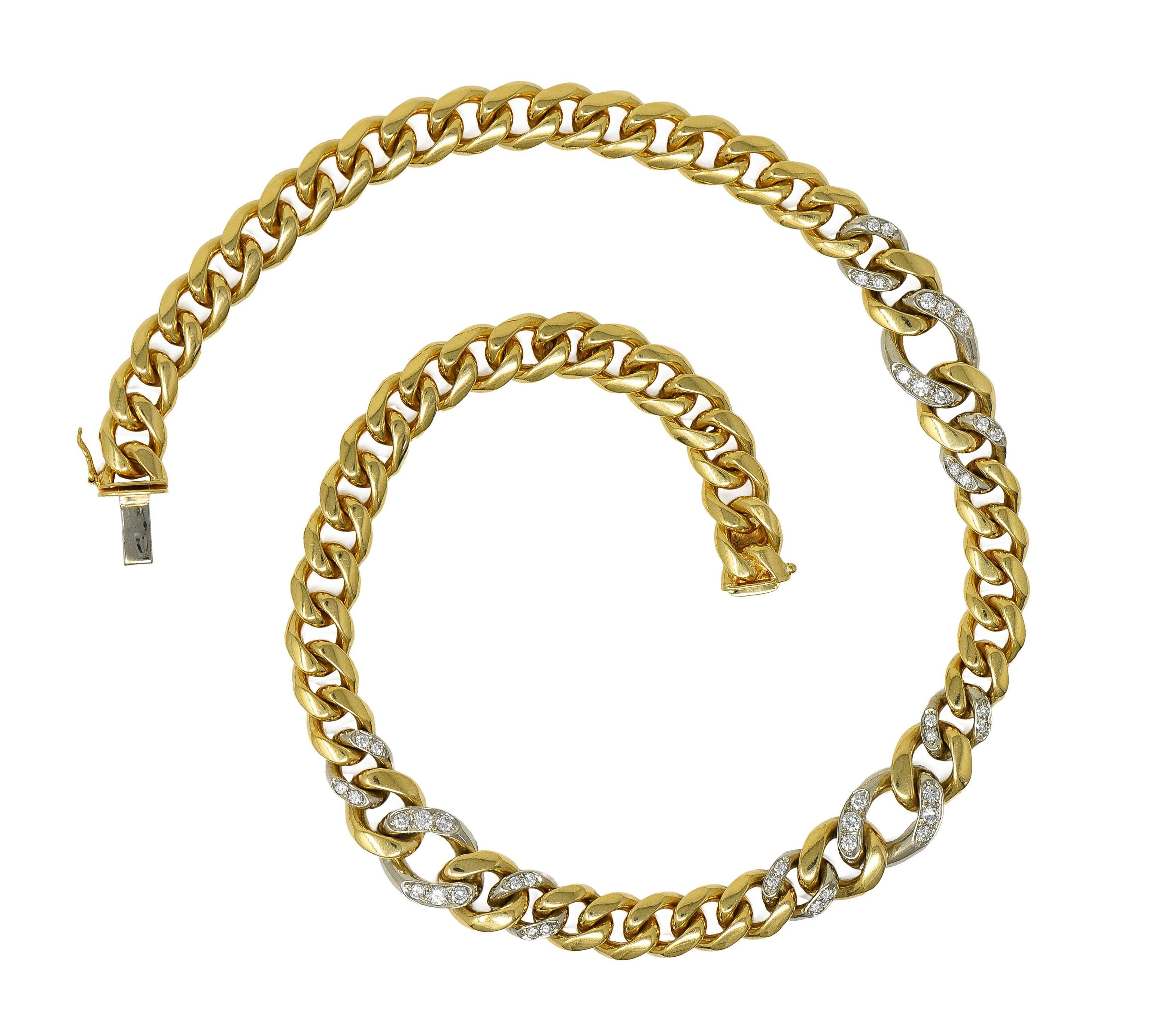 Bulgari 1970's Diamond 18K Two-Tone Yellow White Gold Vintage Curb Link Necklace