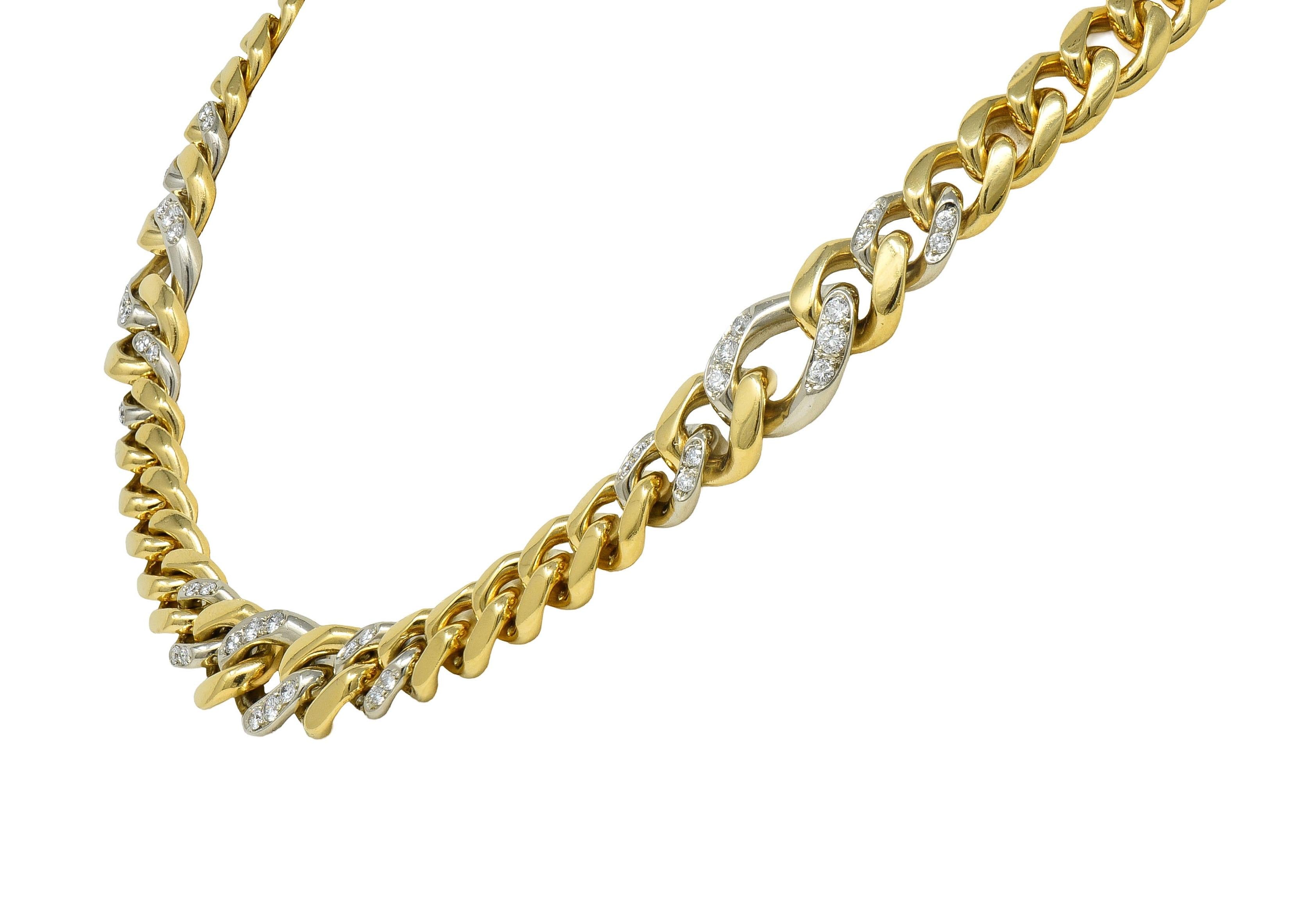 Bulgari 1970's Diamond 18K Two-Tone Yellow White Gold Vintage Curb Link Necklace