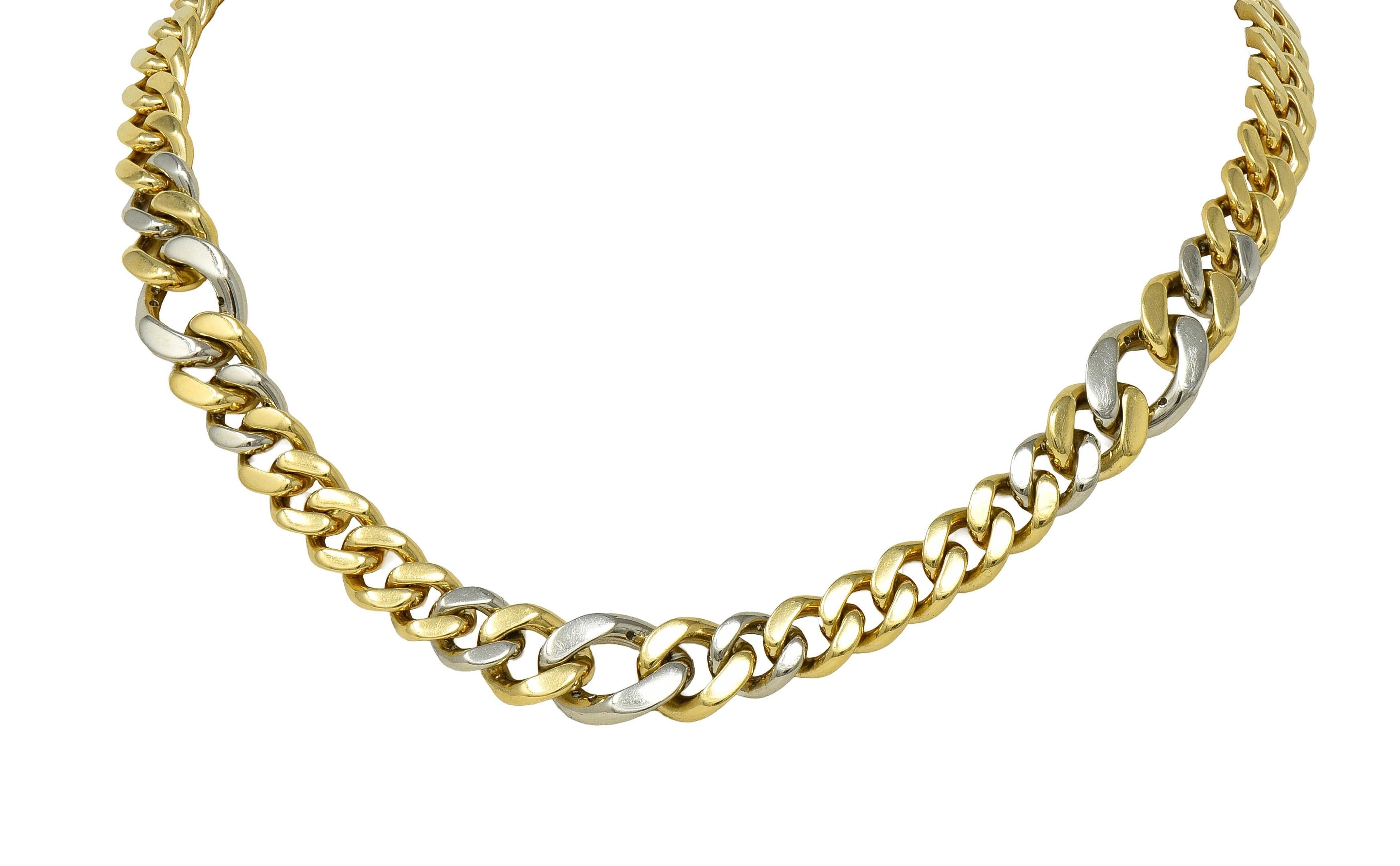 Bulgari 1970's Diamond 18K Two-Tone Yellow White Gold Vintage Curb Link Necklace