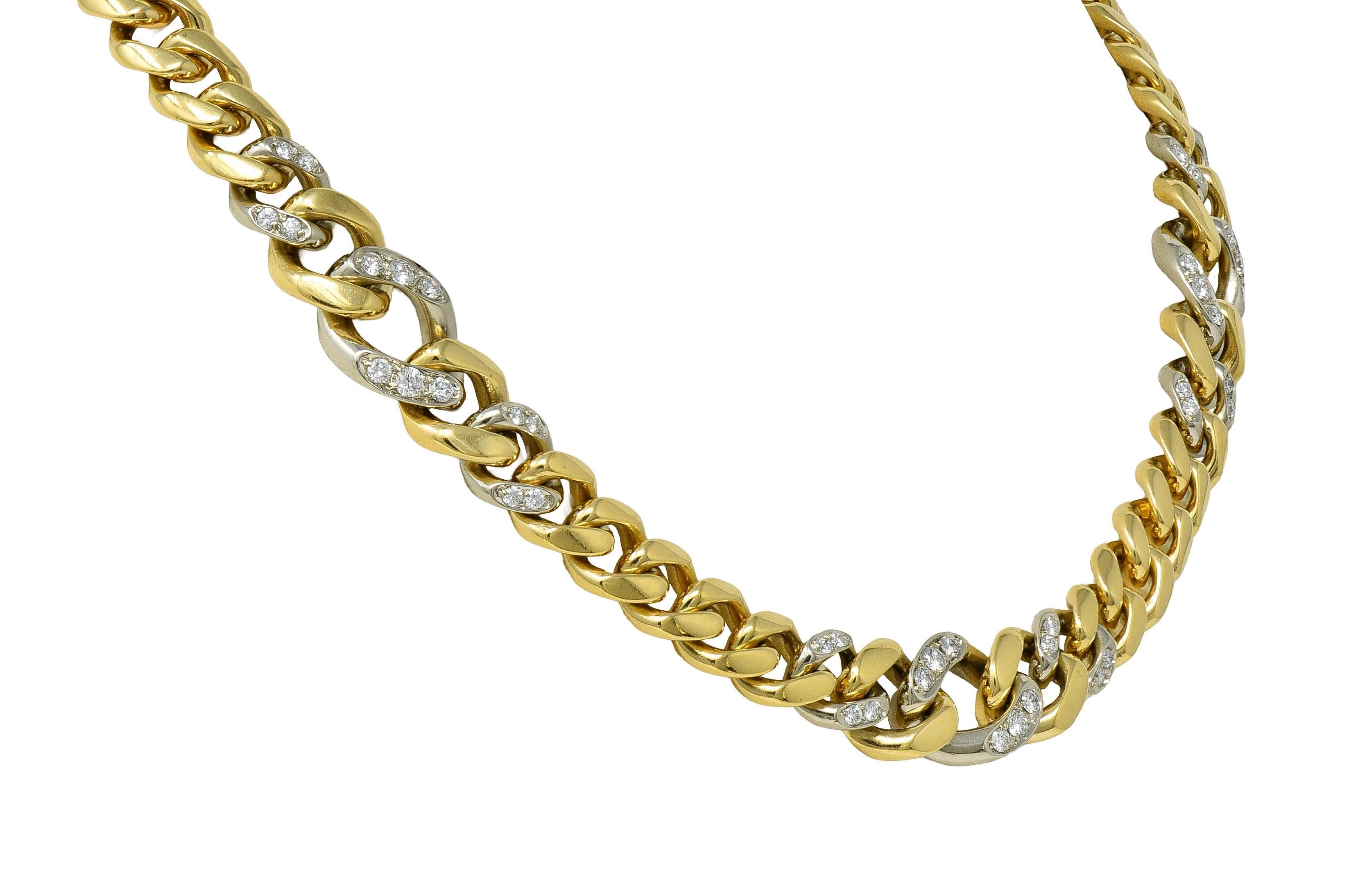 Bulgari 1970's Diamond 18K Two-Tone Yellow White Gold Vintage Curb Link Necklace