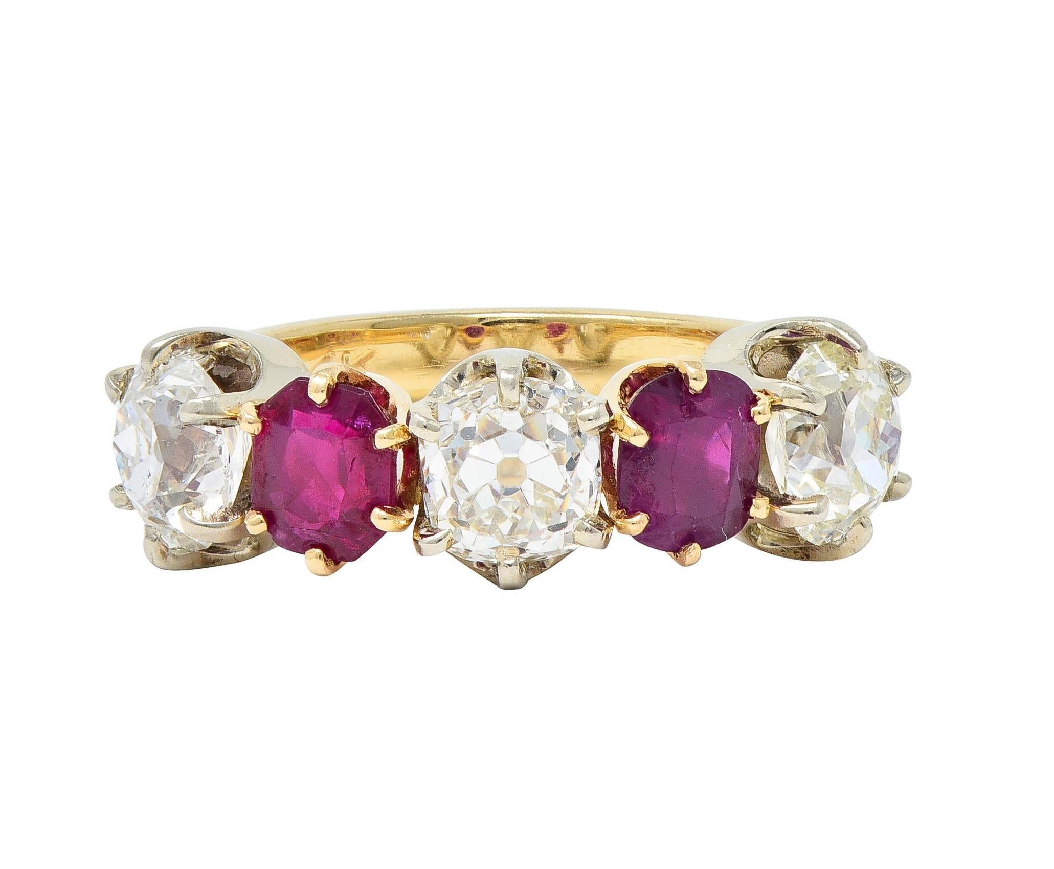 Victorian 3.62 CTW Ruby Old Mine Cut Diamond 14 Karat Two-Tone Gold Band Ring