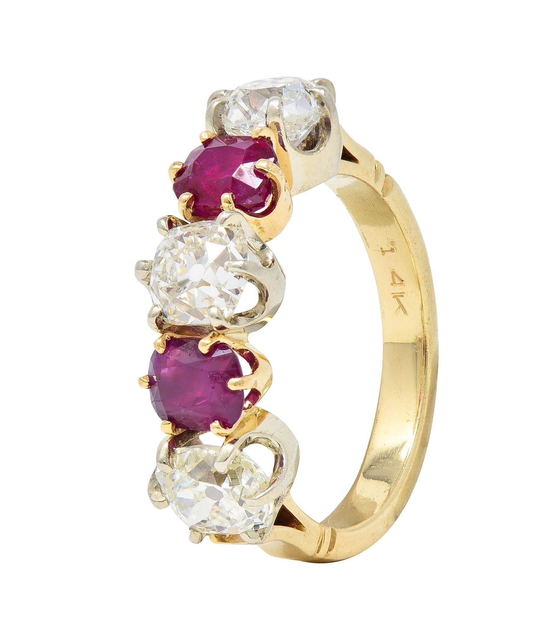 Victorian 3.62 CTW Ruby Old Mine Cut Diamond 14 Karat Two-Tone Gold Band Ring