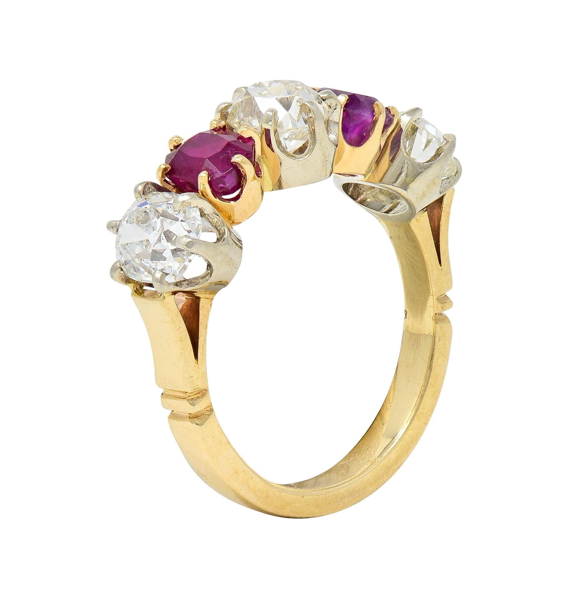 Victorian 3.62 CTW Ruby Old Mine Cut Diamond 14 Karat Two-Tone Gold Band Ring