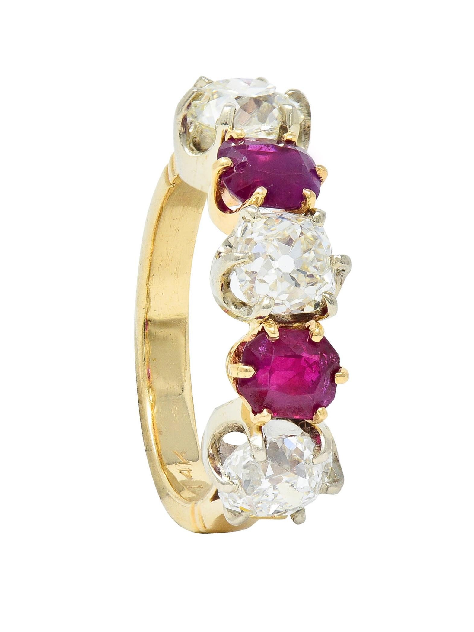 Victorian 3.62 CTW Ruby Old Mine Cut Diamond 14 Karat Two-Tone Gold Band Ring