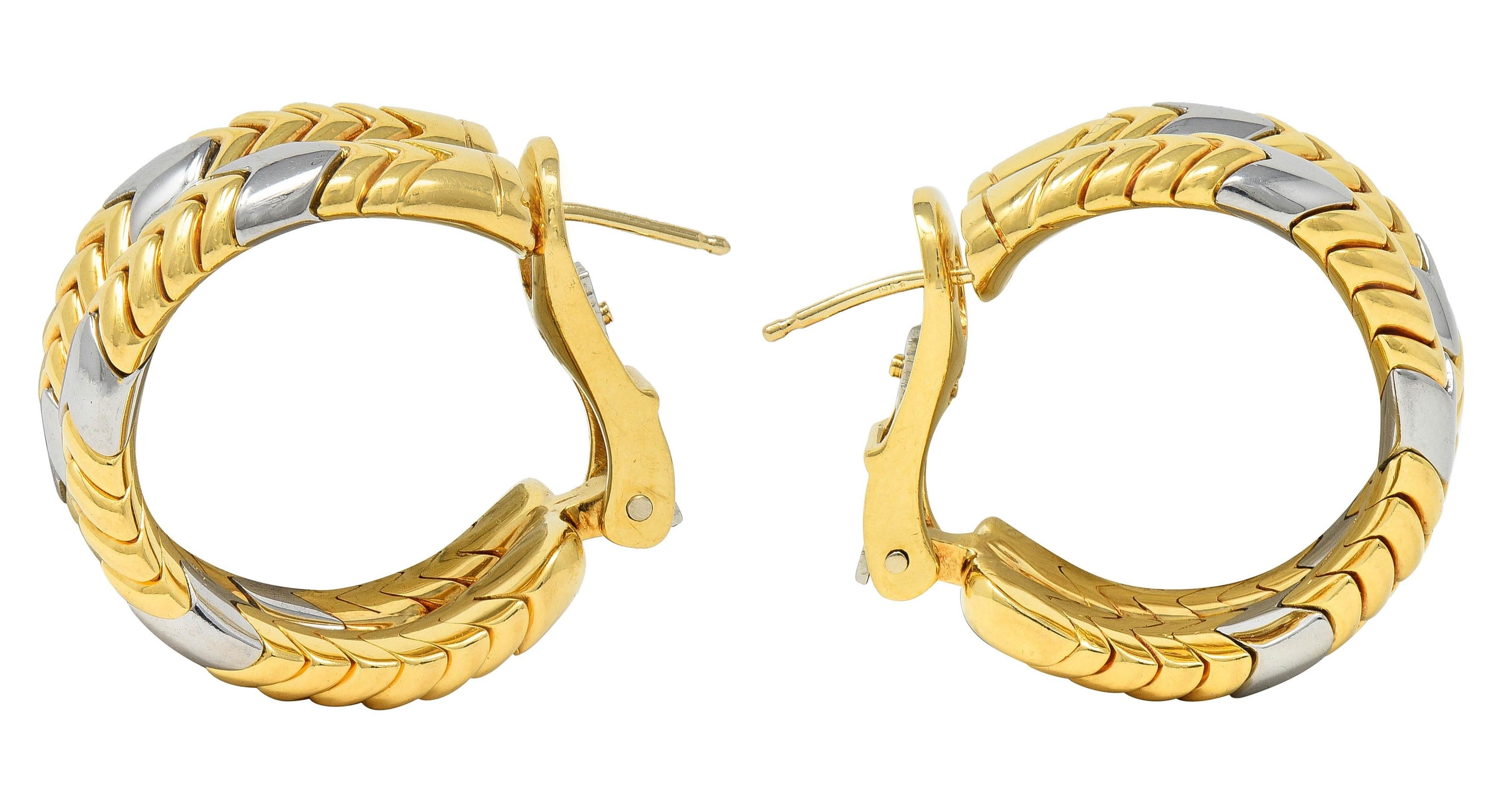 Bulgari 1990's Stainless Steel 18 Karat Gold Vintage Spiga J-Hoop Earrings