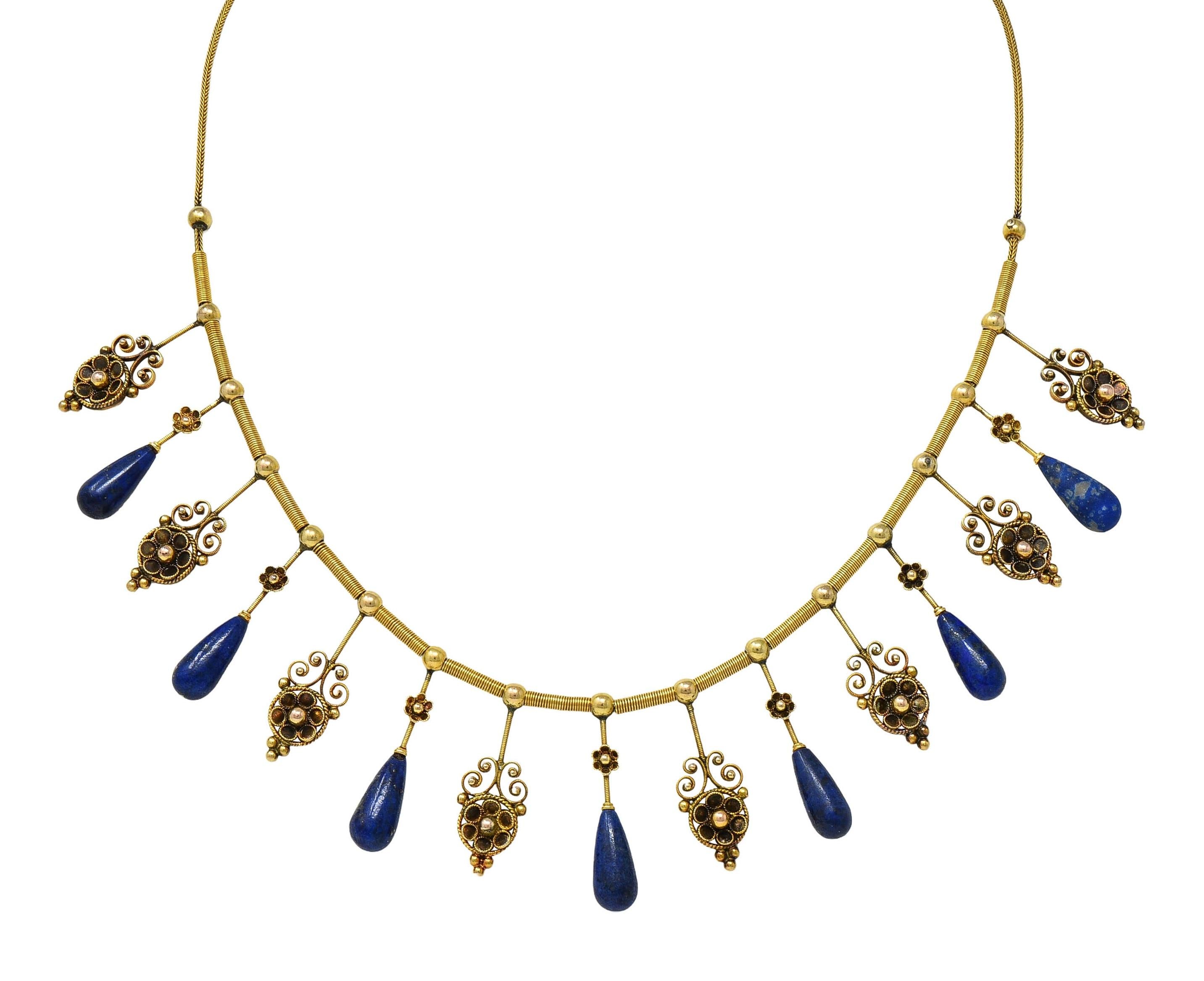 Victorian Etruscan Revival Lapis Lazuli 14 Karat Gold Antique Fringe Necklace