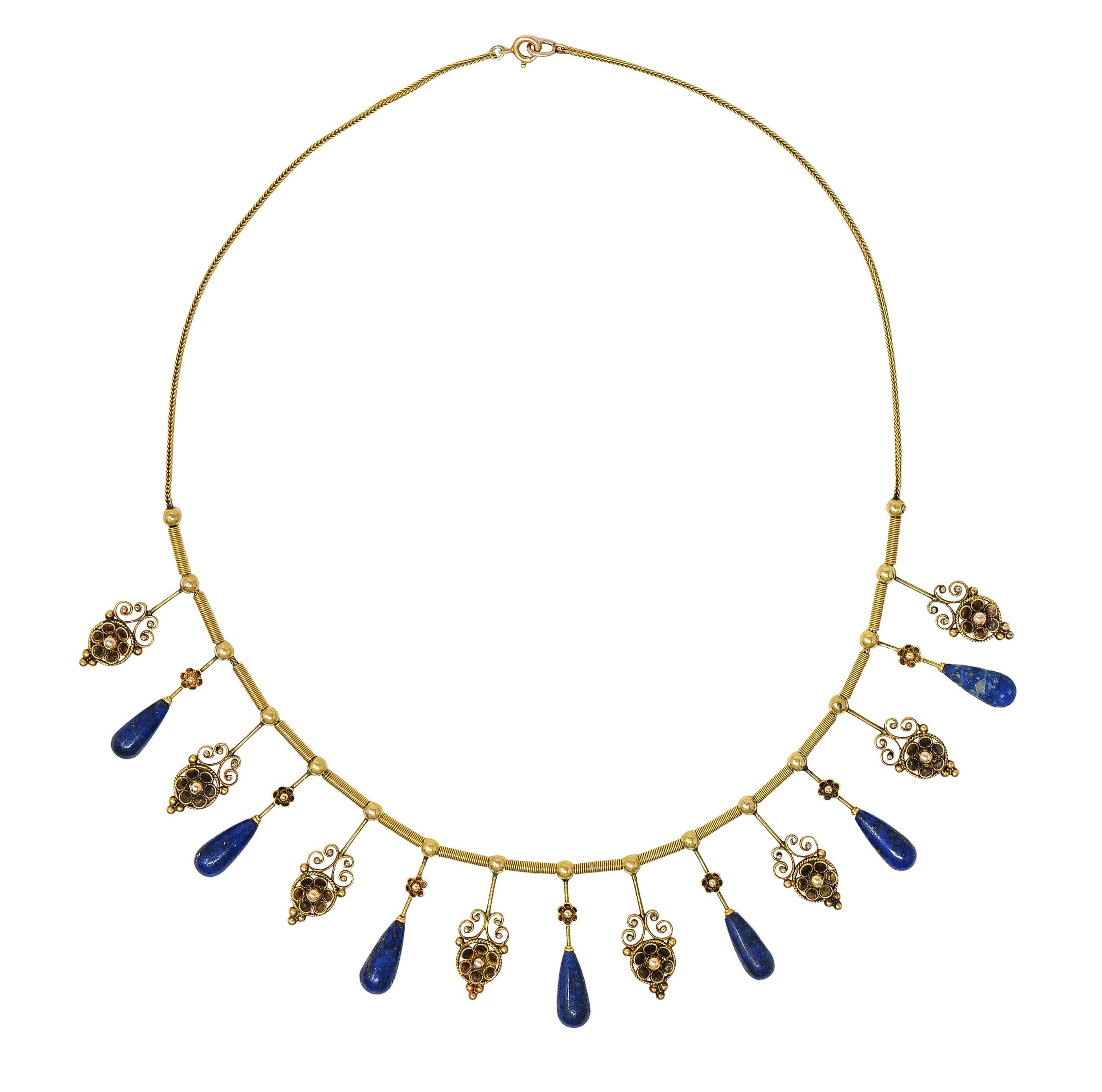 Victorian Etruscan Revival Lapis Lazuli 14 Karat Gold Antique Fringe Necklace