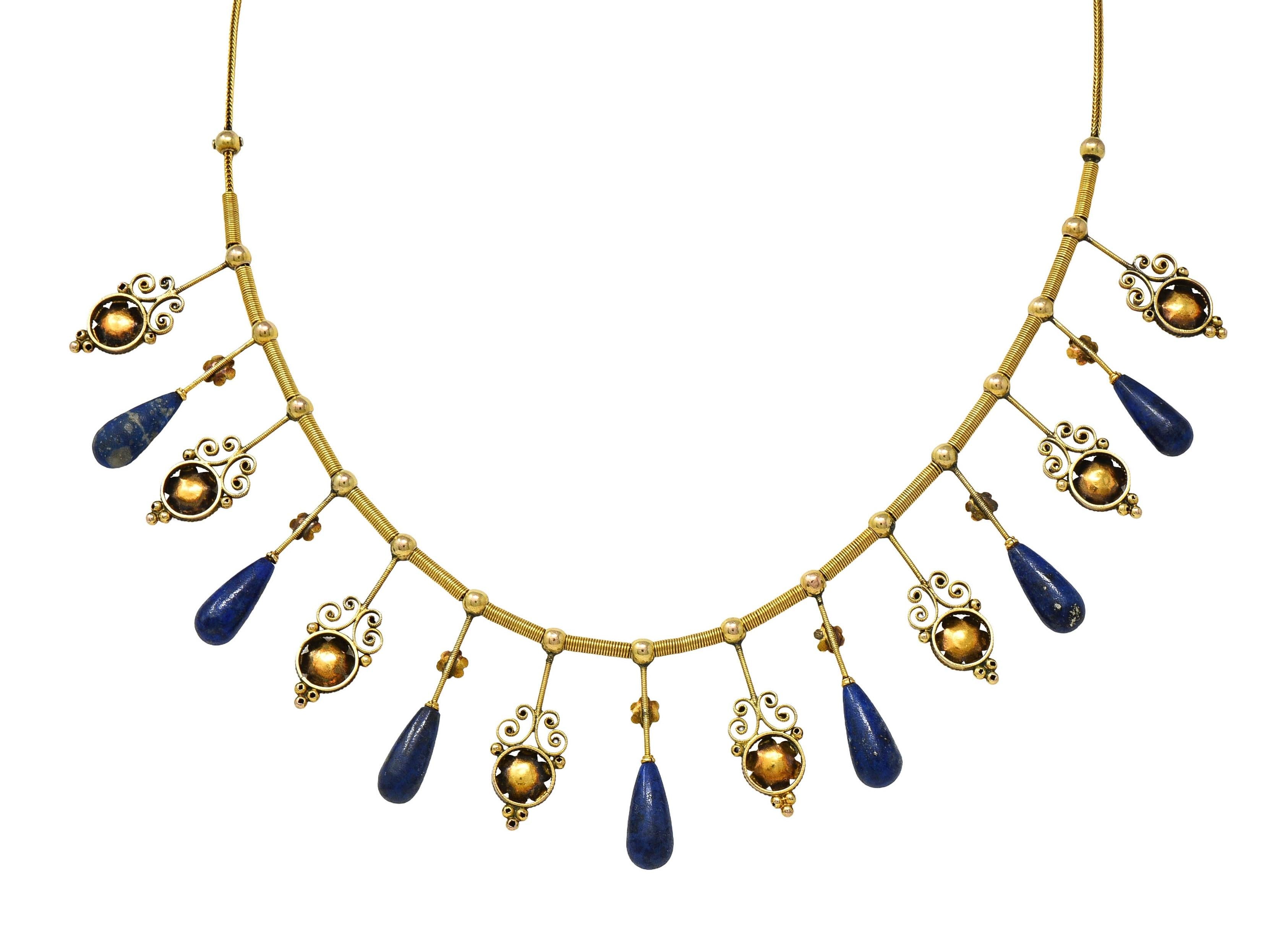 Victorian Etruscan Revival Lapis Lazuli 14 Karat Gold Antique Fringe Necklace