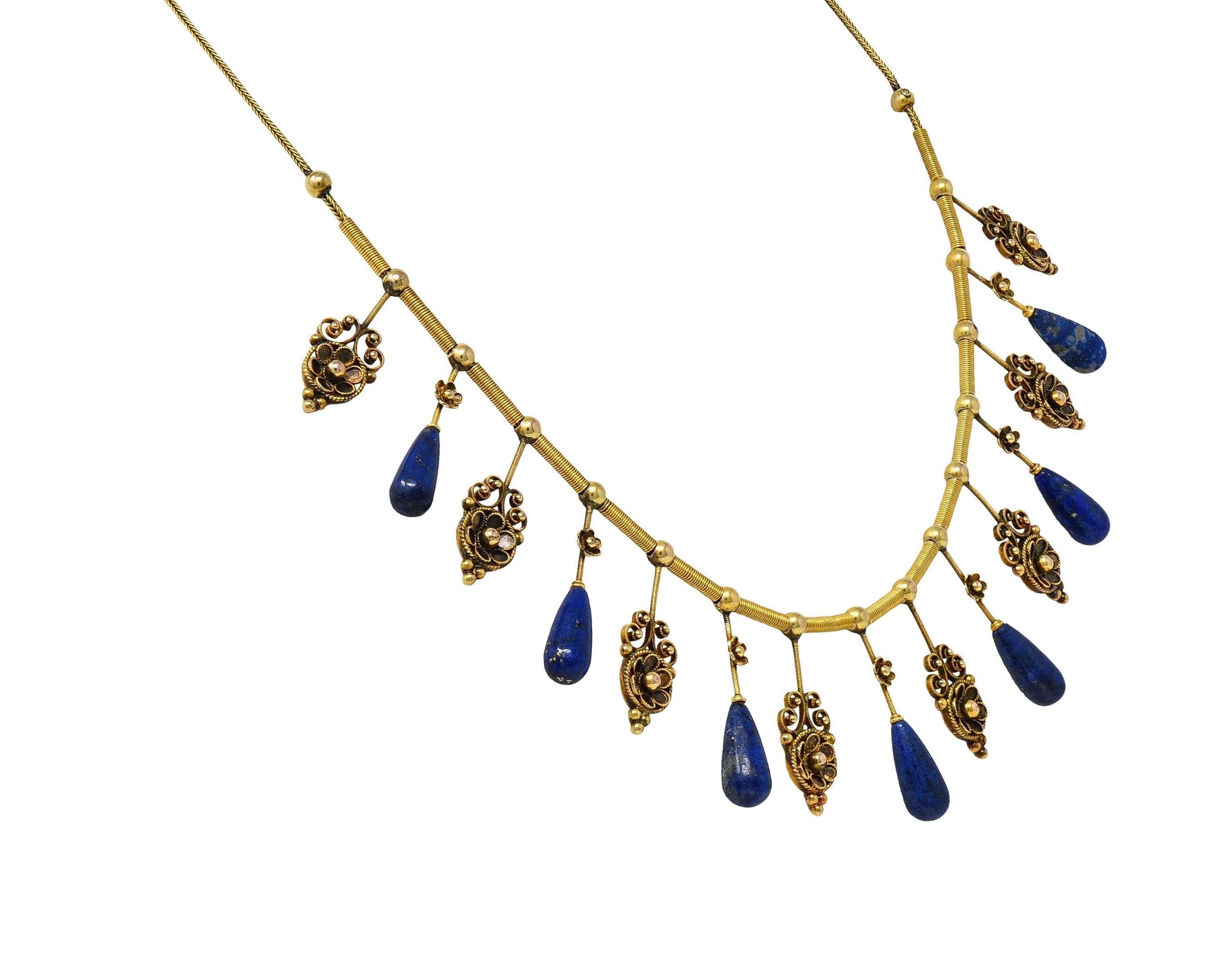 Victorian Etruscan Revival Lapis Lazuli 14 Karat Gold Antique Fringe Necklace