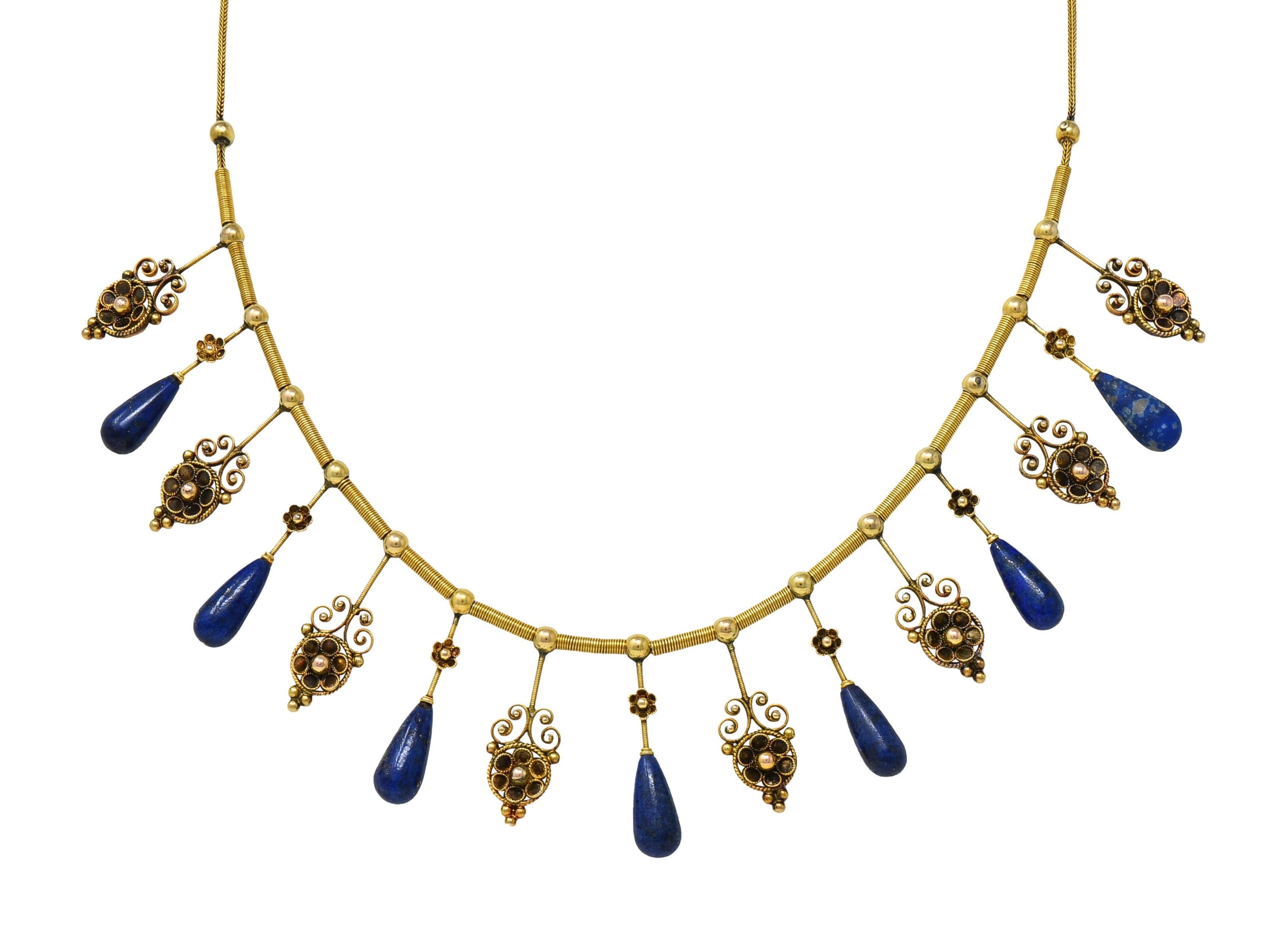 Victorian Etruscan Revival Lapis Lazuli 14 Karat Gold Antique Fringe Necklace